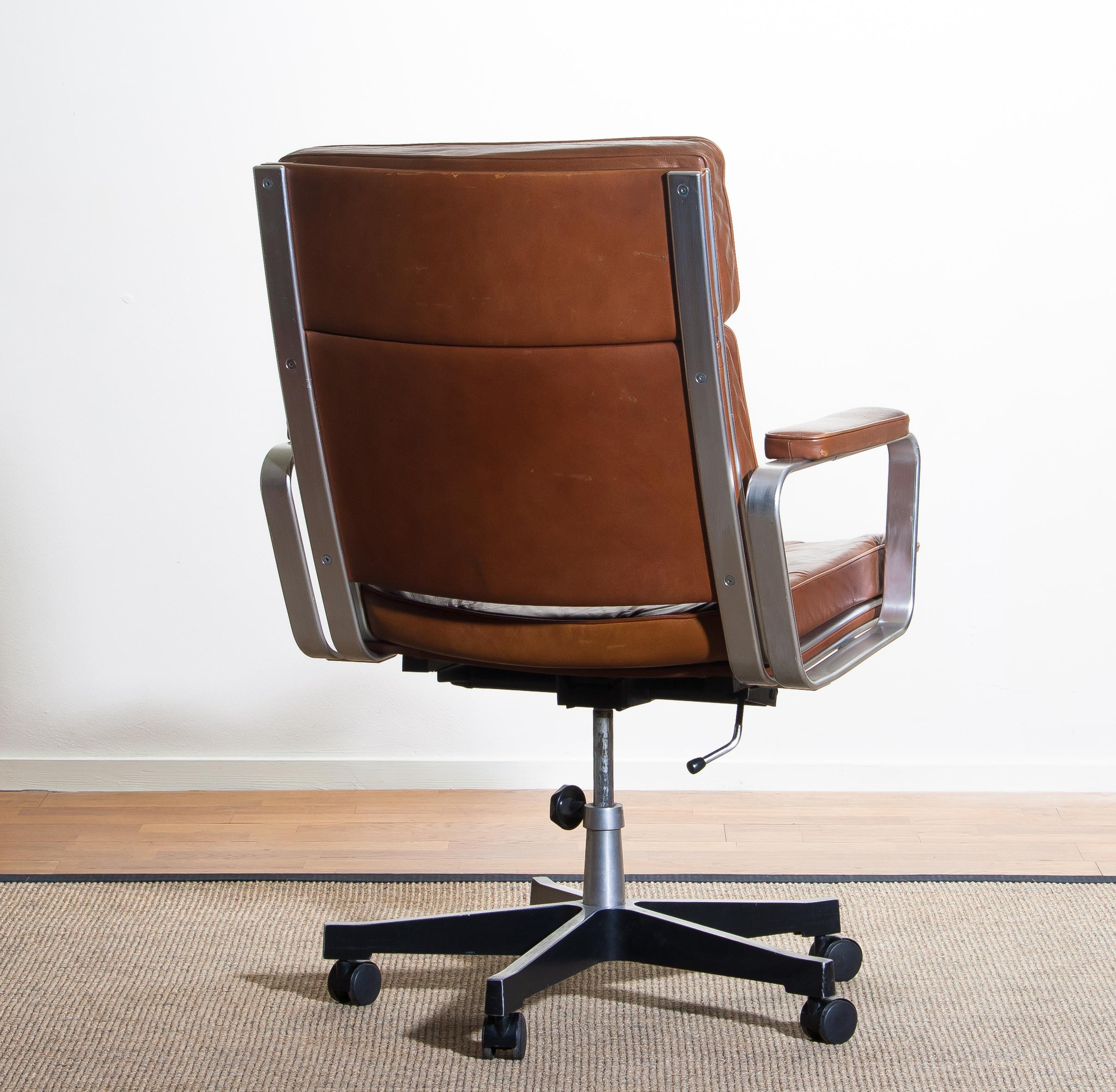 1970s, Brown Leather and Aluminum Desk Chair by Karl Erik Ekselius for Joc 5
