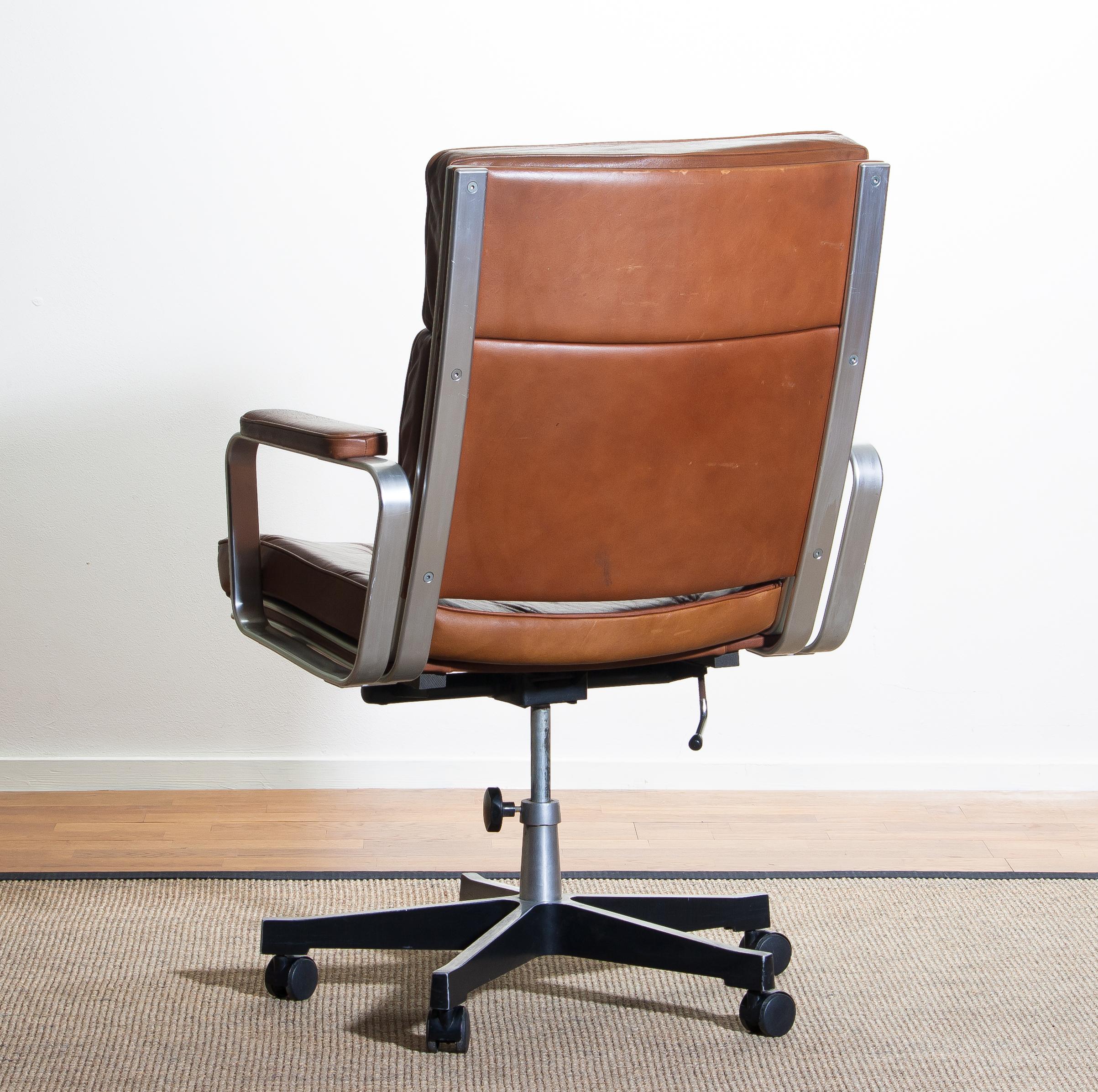 1970s, Brown Leather and Aluminum Desk Chair by Karl Erik Ekselius for Joc 6