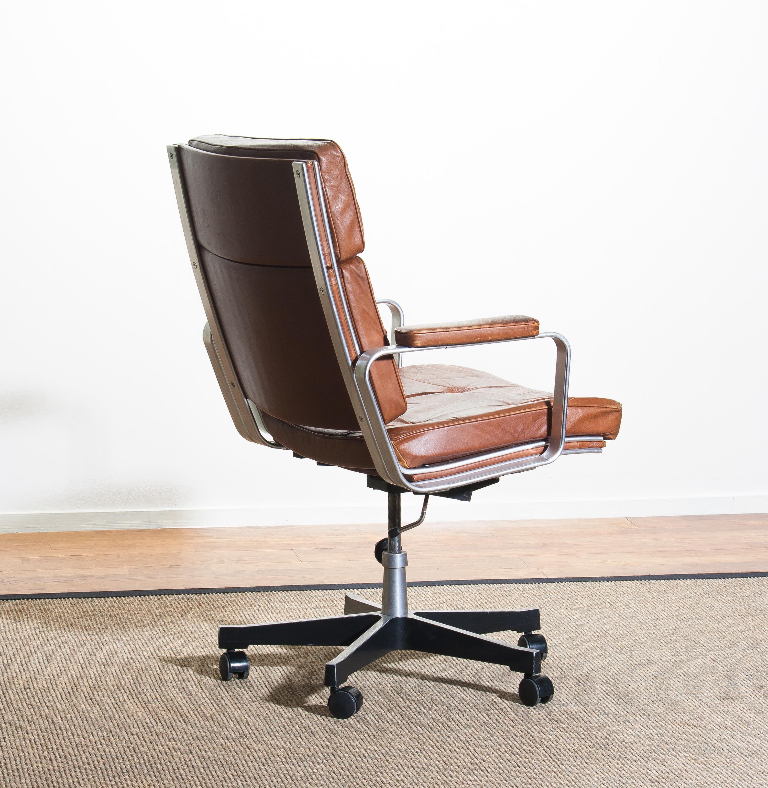 Mid-Century Modern 1970s, Brown Leather and Aluminum Desk Chair by Karl Erik Ekselius for Joc
