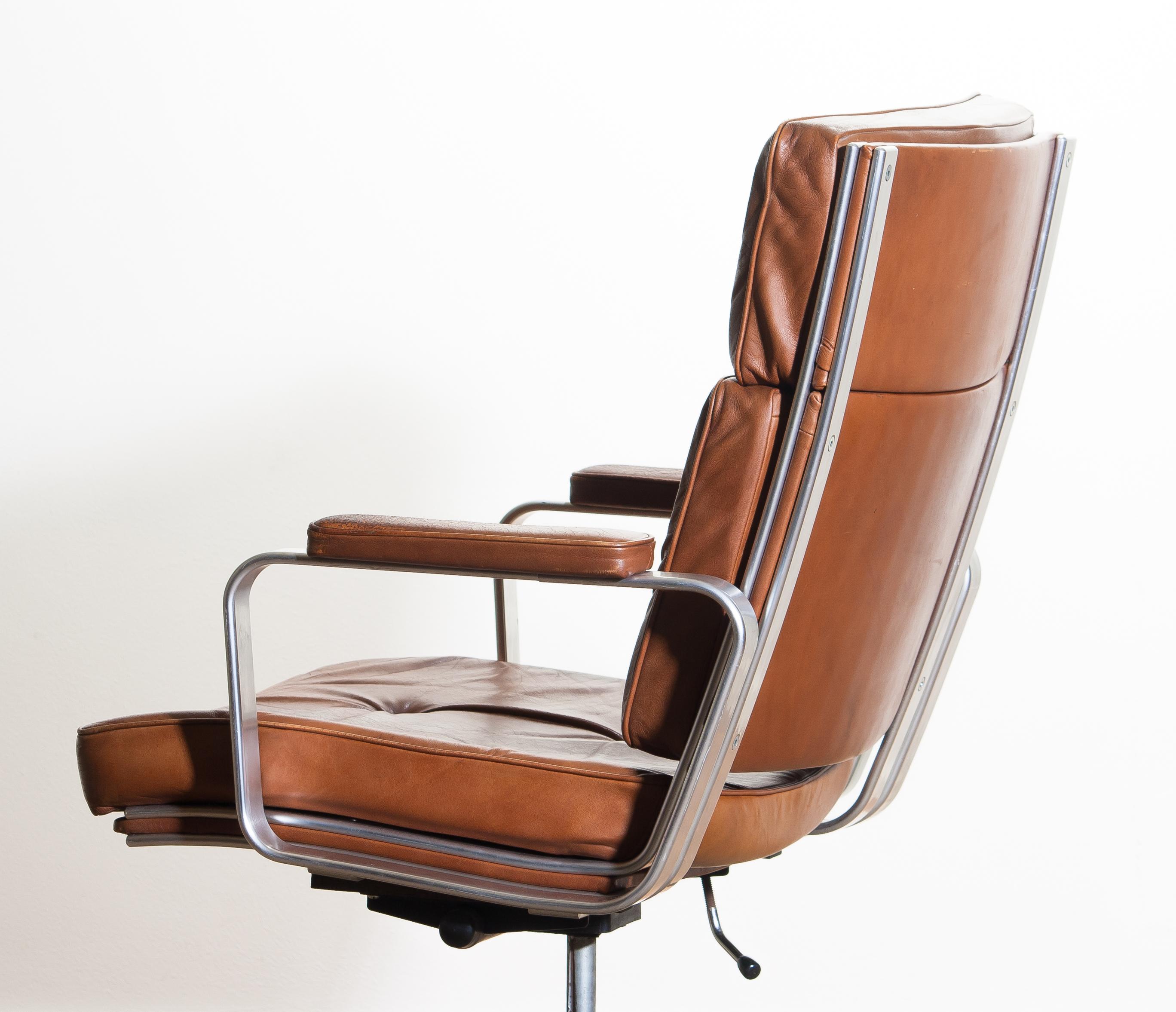 Late 20th Century 1970s, Brown Leather and Aluminum Desk Chair by Karl Erik Ekselius for Joc