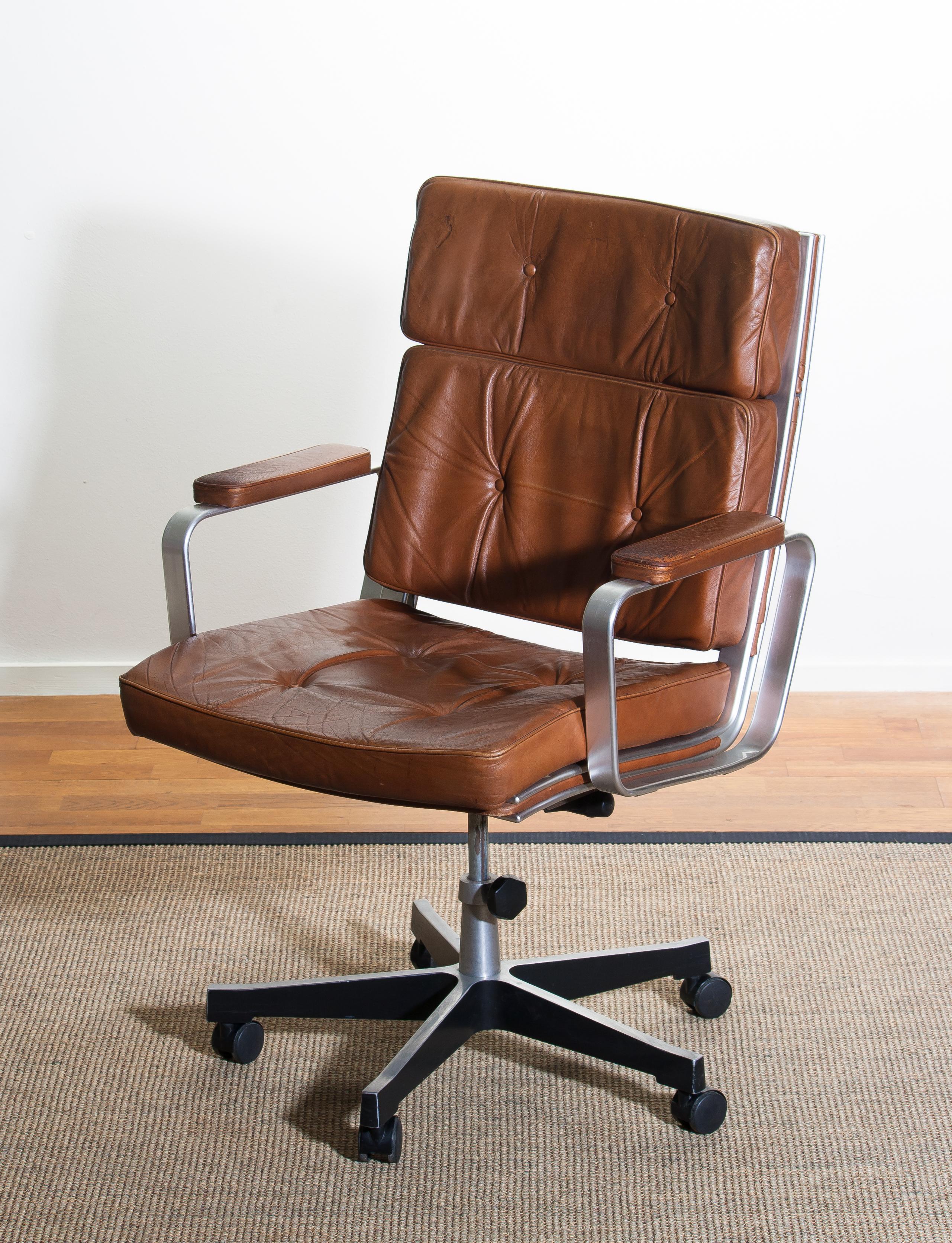 1970s, Brown Leather and Aluminum Desk Chair by Karl Erik Ekselius for Joc 1