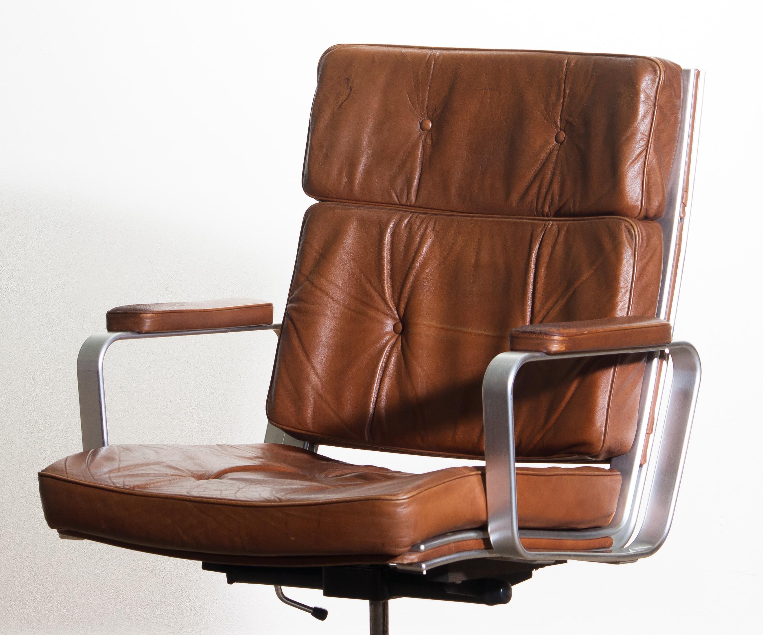 1970s, Brown Leather and Aluminum Desk Chair by Karl Erik Ekselius for Joc 2