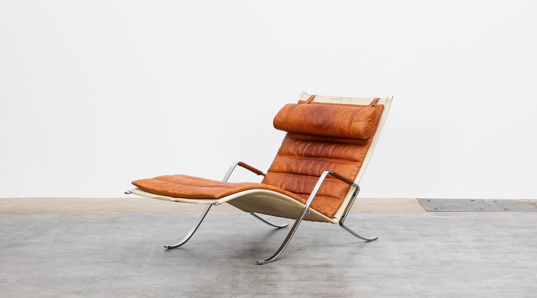German 1970s Brown Leather and Canvas Grasshopper Lounge Chair by Fabricius & Kastholm  For Sale