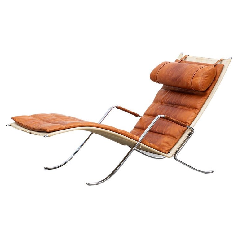 1970s Brown Leather and Canvas Grasshopper Lounge Chair by Fabricius & Kastholm  For Sale