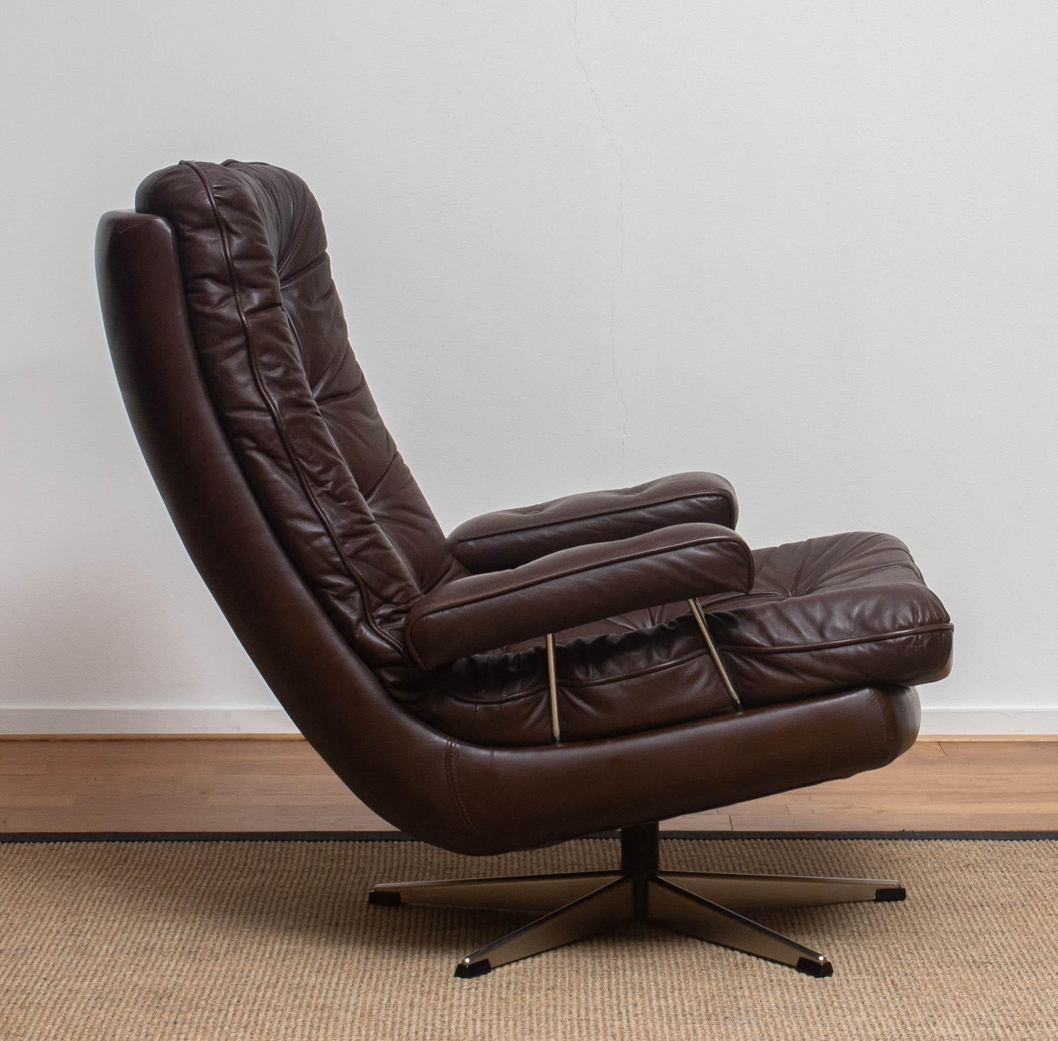 1970s, Brown Leather and Chrome Swivel Lounge Chair and Ottoman, Sweden 2