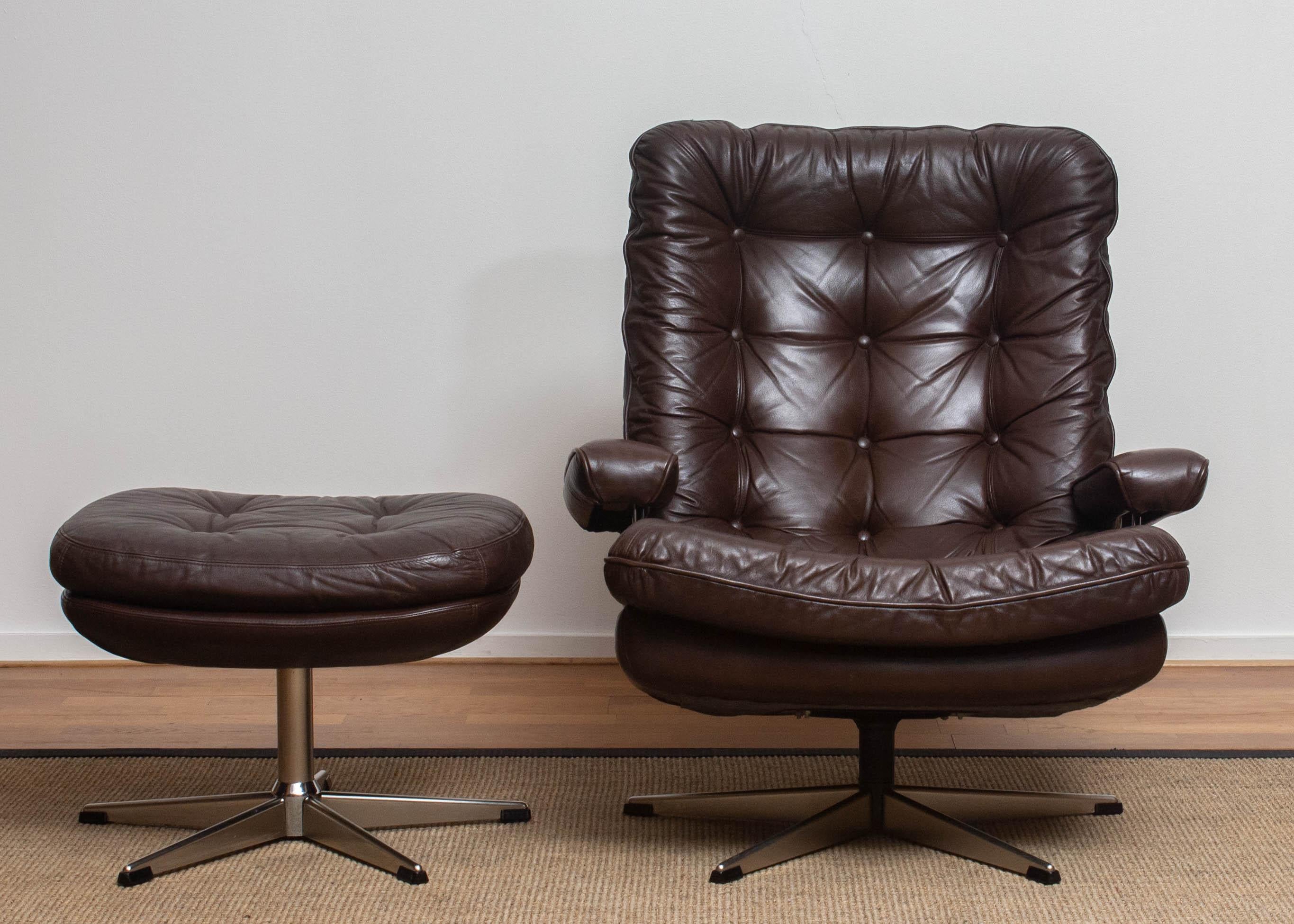 1970s, Brown Leather and Chrome Swivel Lounge Chair and Ottoman, Sweden 5