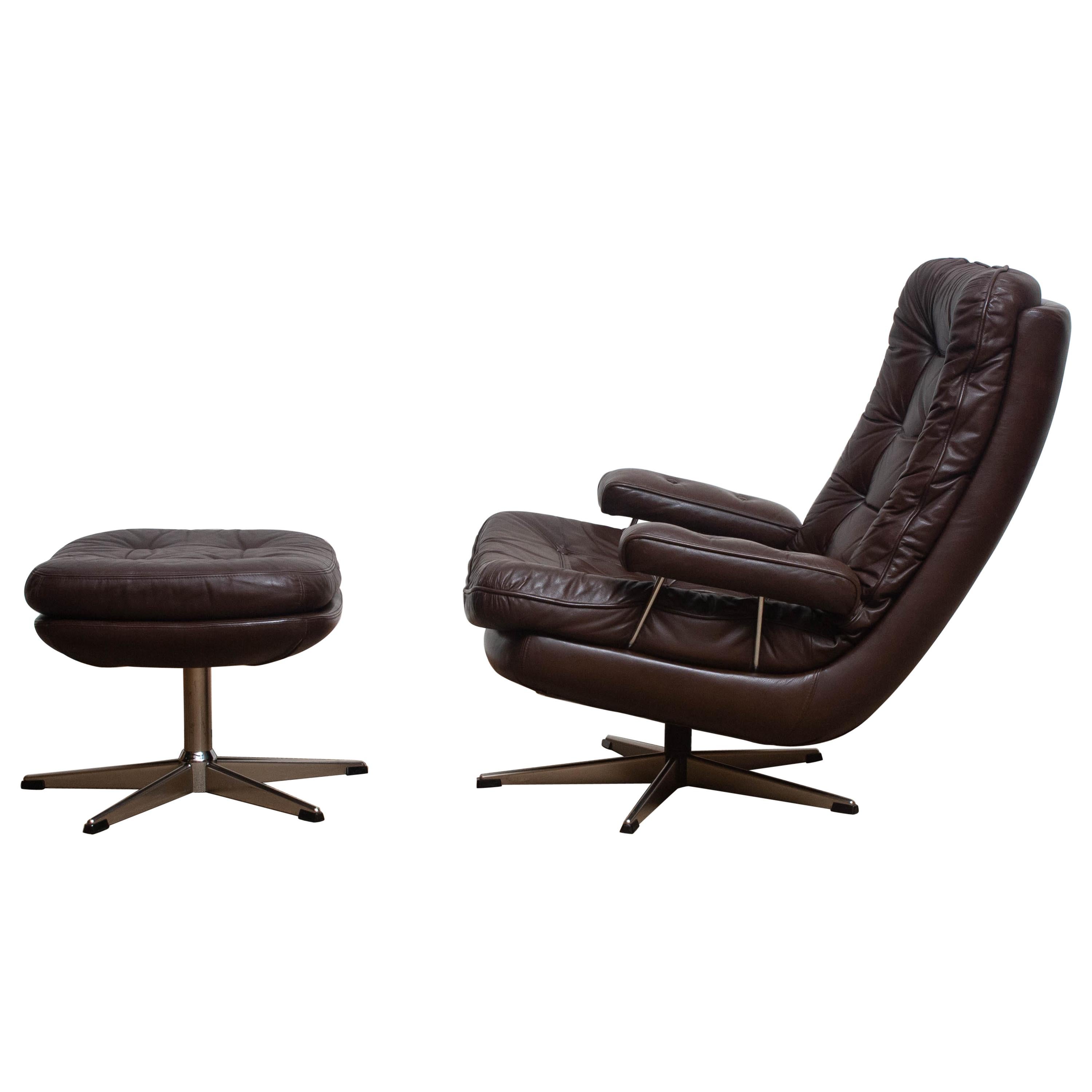 Swedish 1970s, Brown Leather and Chrome Swivel Lounge Chair and Ottoman, Sweden