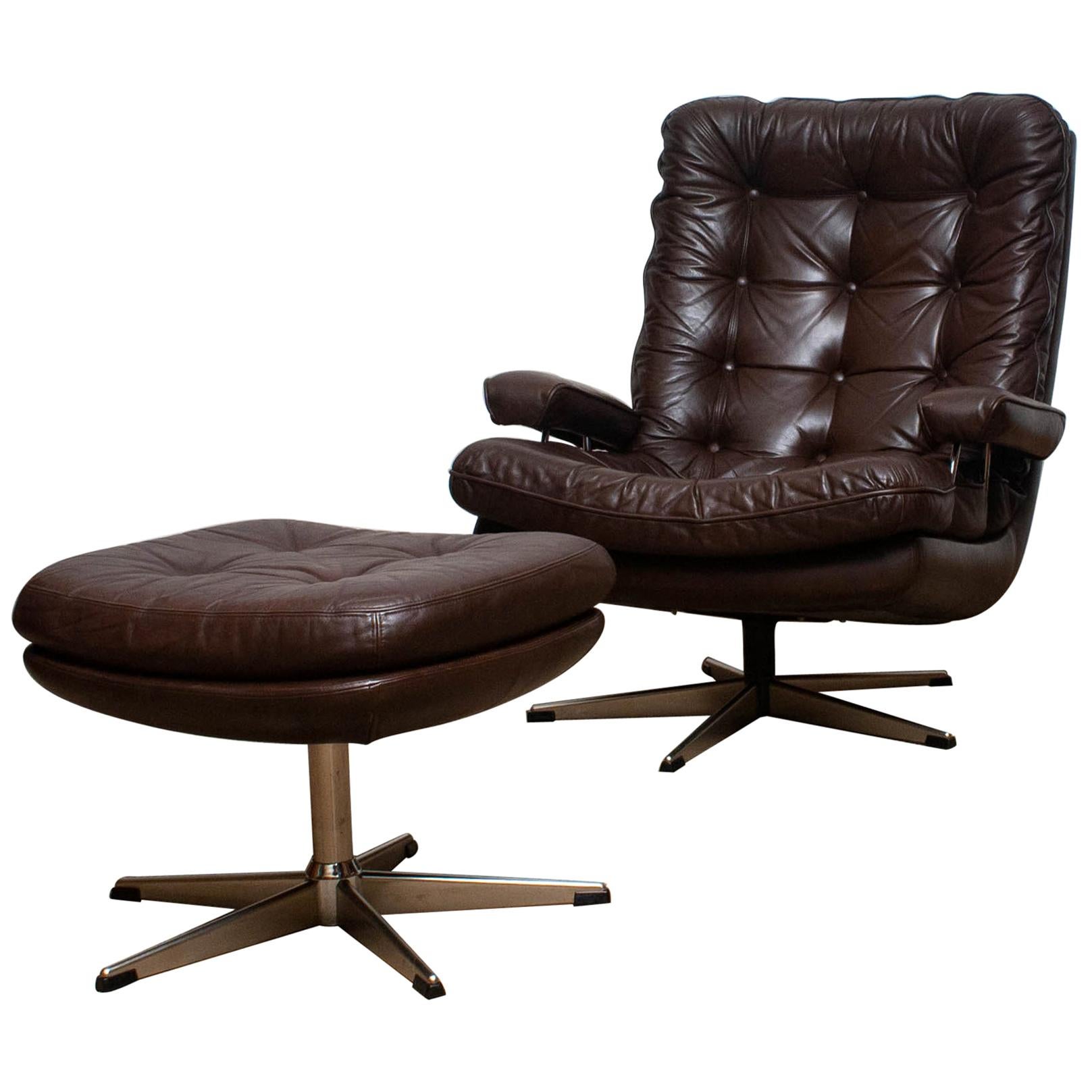 1970s, Brown Leather and Chrome Swivel Lounge Chair and Ottoman, Sweden