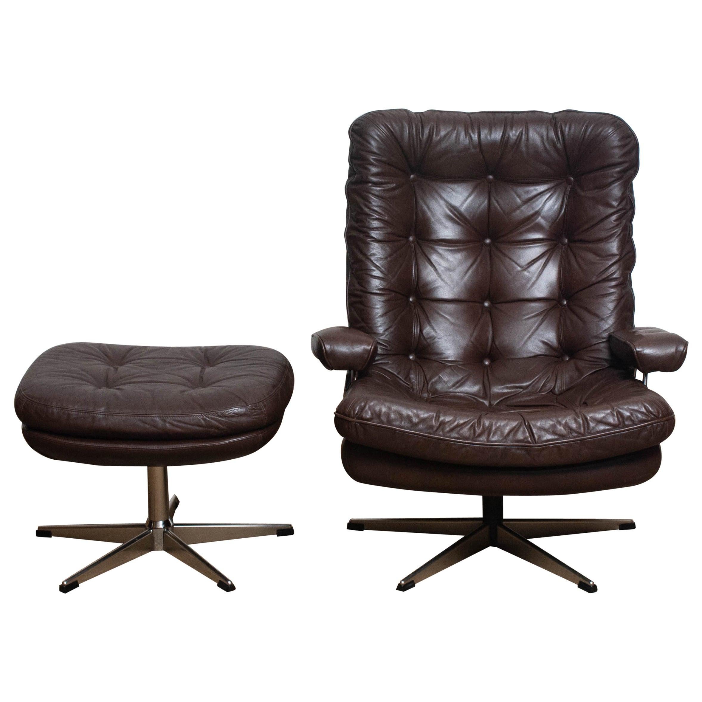 1970s, Brown Leather and Chrome Swivel Lounge Chair and Ottoman, Sweden