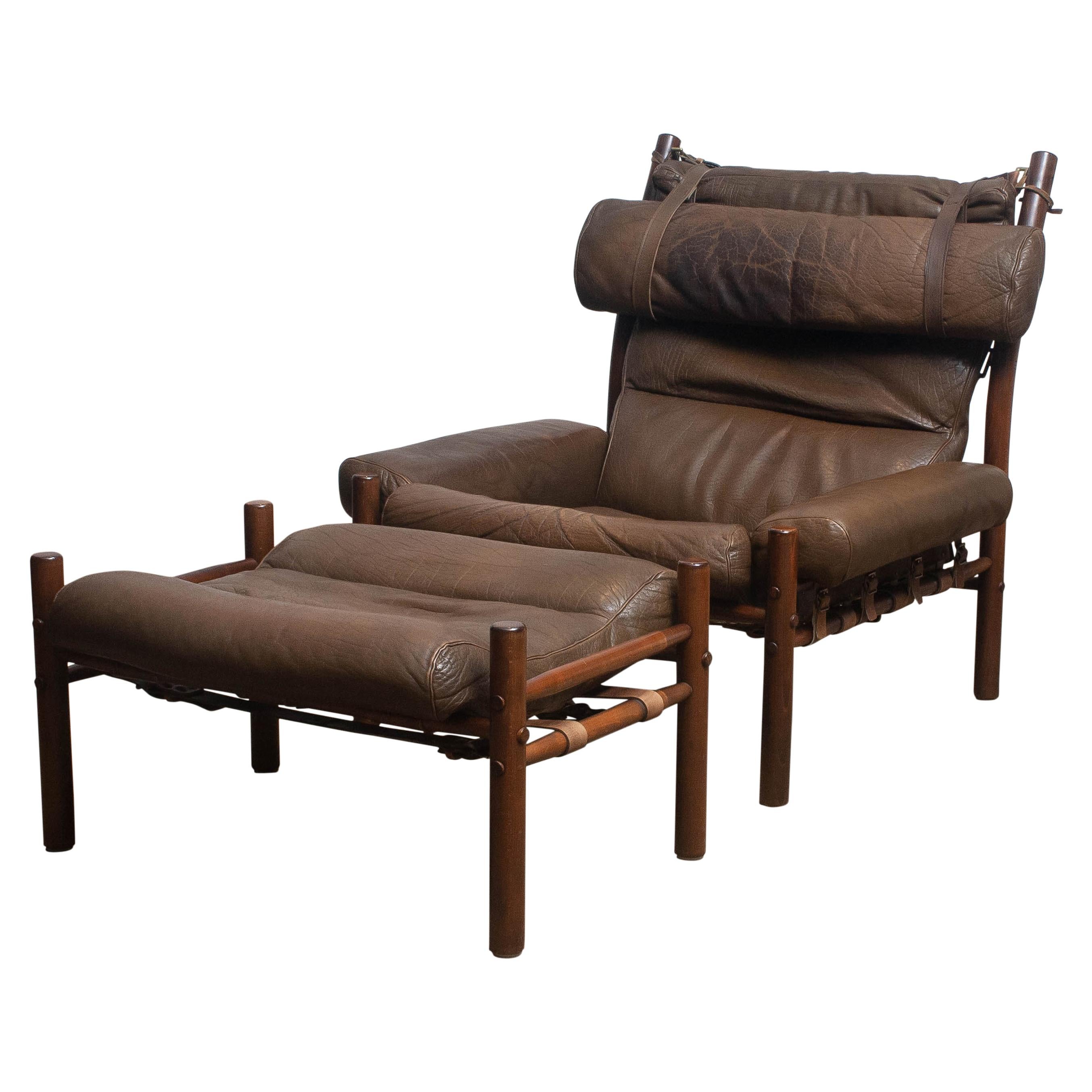 1970s, Brown Leather Chair "Inca" and Ottoman by Arne Norell Möbler AB, Sweden