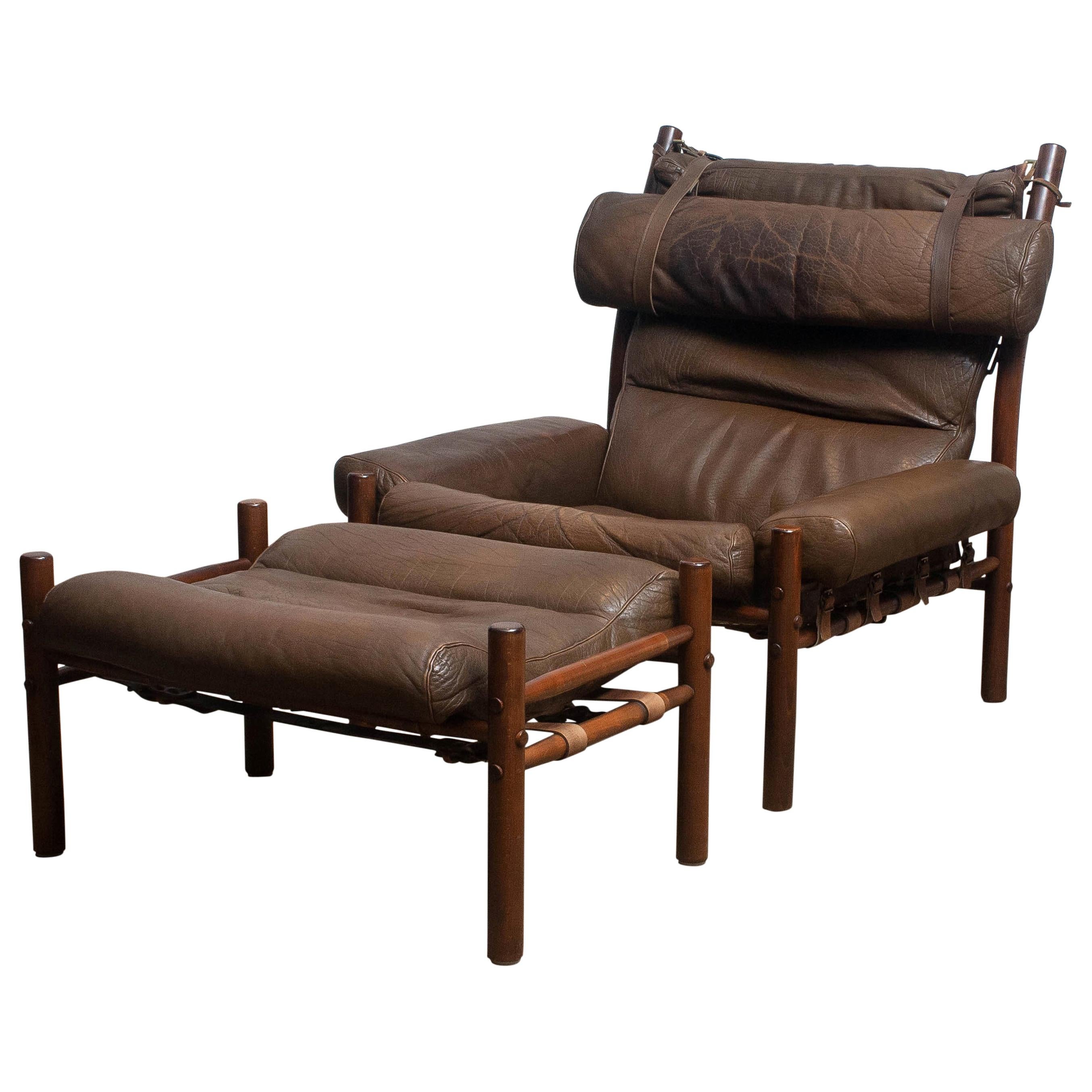 1970s, Brown Leather Chair "Inca" and Ottoman by Arne Norell Möbler AB, Sweden