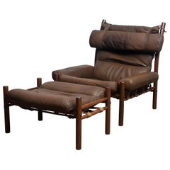 1970s, Brown Leather Chair "Inca" and Ottoman by Arne Norell Möbler AB, Sweden