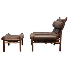 1970s, Brown Leather Chair "Inca" and Ottoman by Arne Norell Möbler AB, Sweden