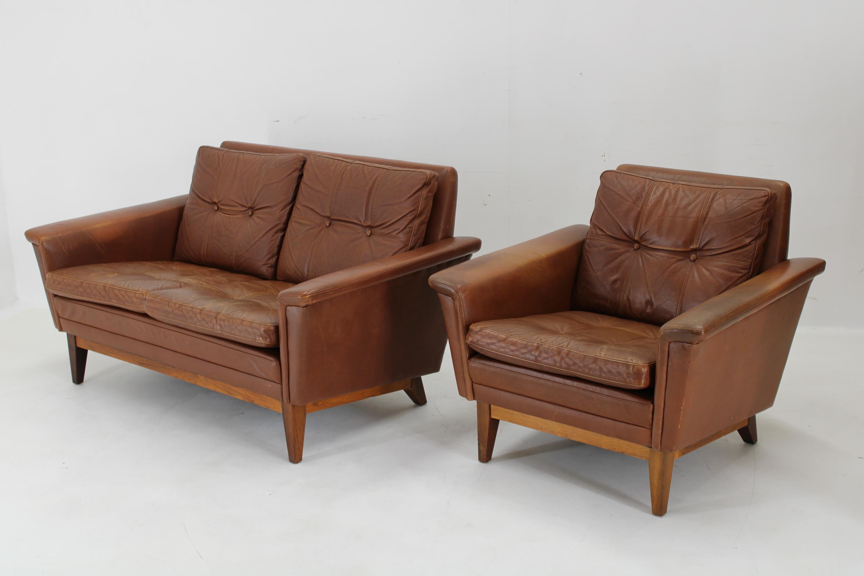 Mid-Century Modern 1970s Brown Leather Living Room Set, Denmark