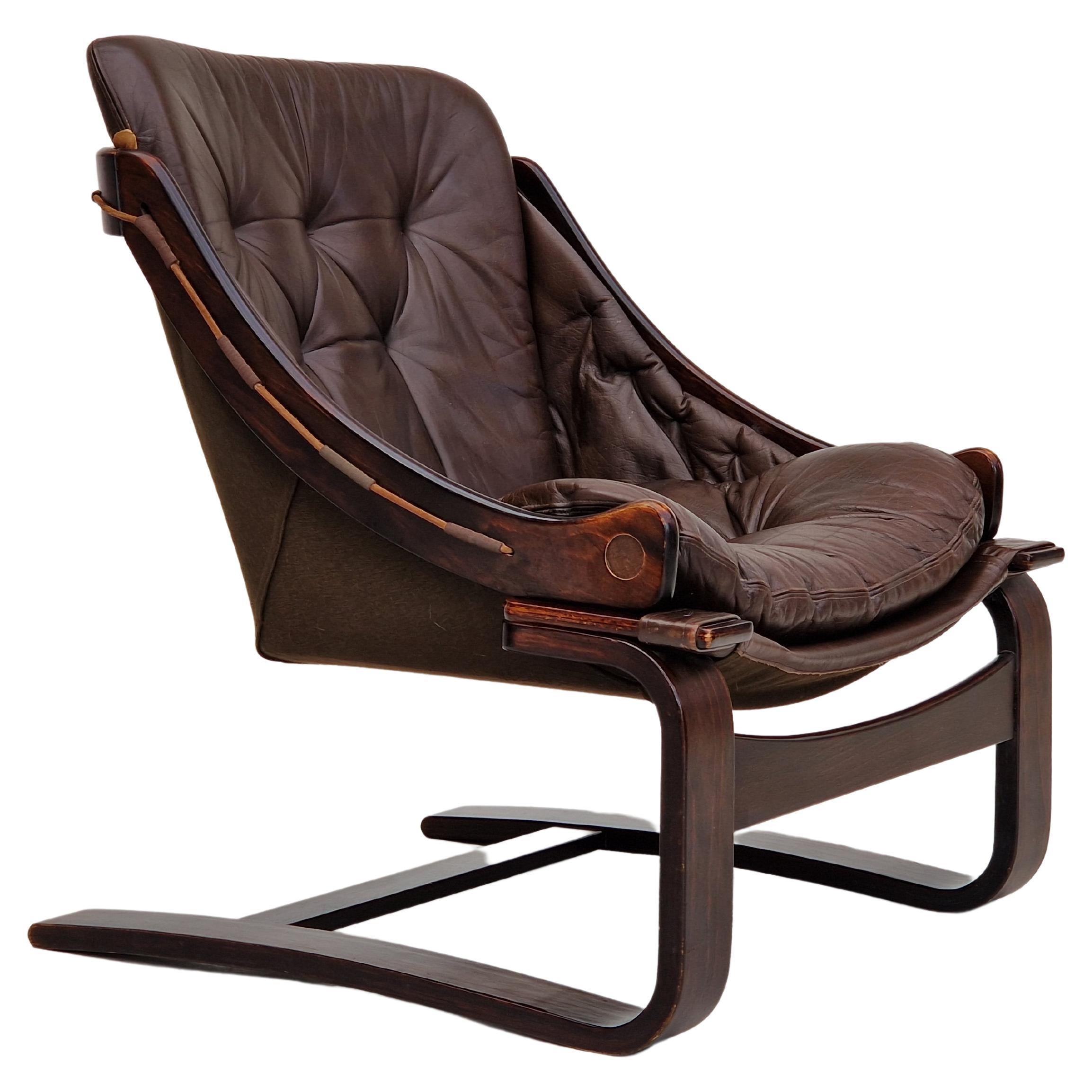 1970s, Brown Leather Lounge Chair by Ake Fribytter for Nelo Sweden