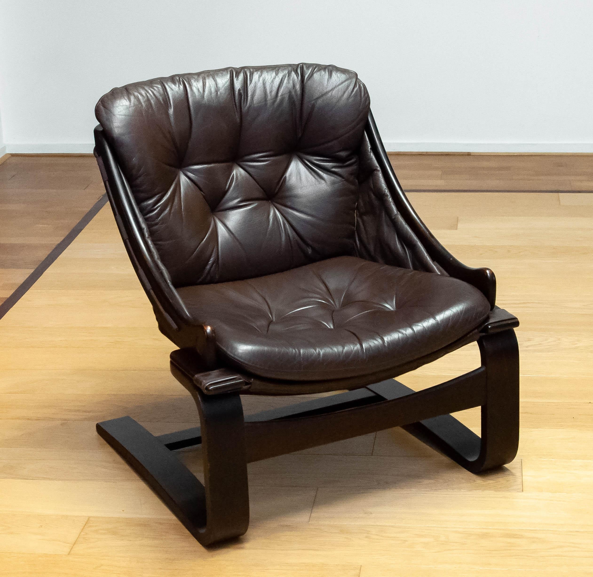 Scandinavian Modern 1970s Brown Leather Lounge Chair Model 'Krona' By Ake Fribytter For Nelo, Sweden For Sale