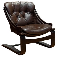 Sedia da salotto in pelle marrone anni '70 modello 'Krona' di Ake Fribytter per Nelo, Svezia