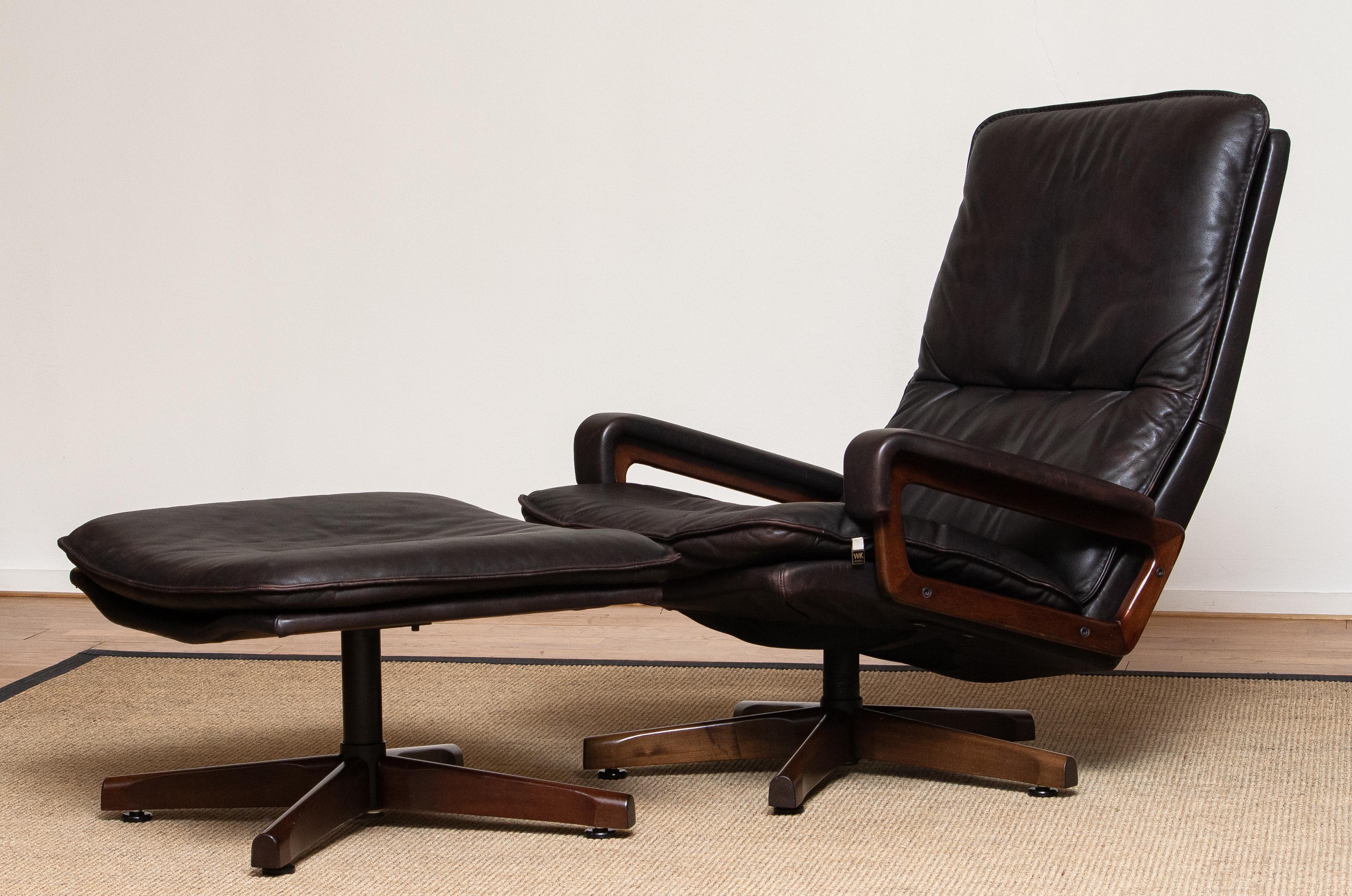 German 1970s Brown Leather Swivel Chair and Ottoman by André Vandenbeuck for WK Mobler