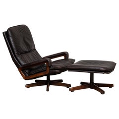 1970s Brown Leather Swivel Chair and Ottoman by André Vandenbeuck for WK Mobler