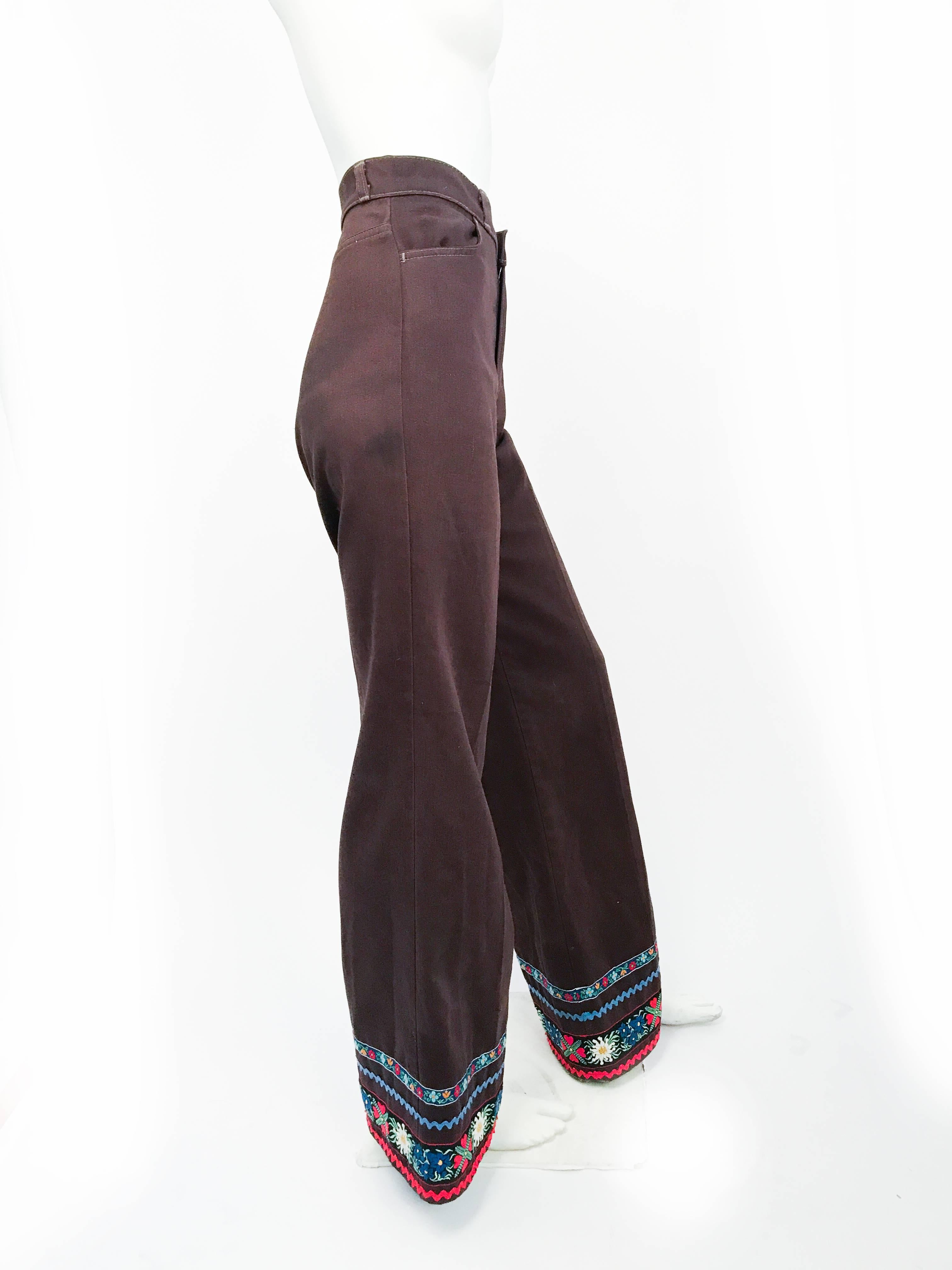 1970s Brown Levis Wide Legged Pants with Embroidered Hem In Fair Condition In San Francisco, CA