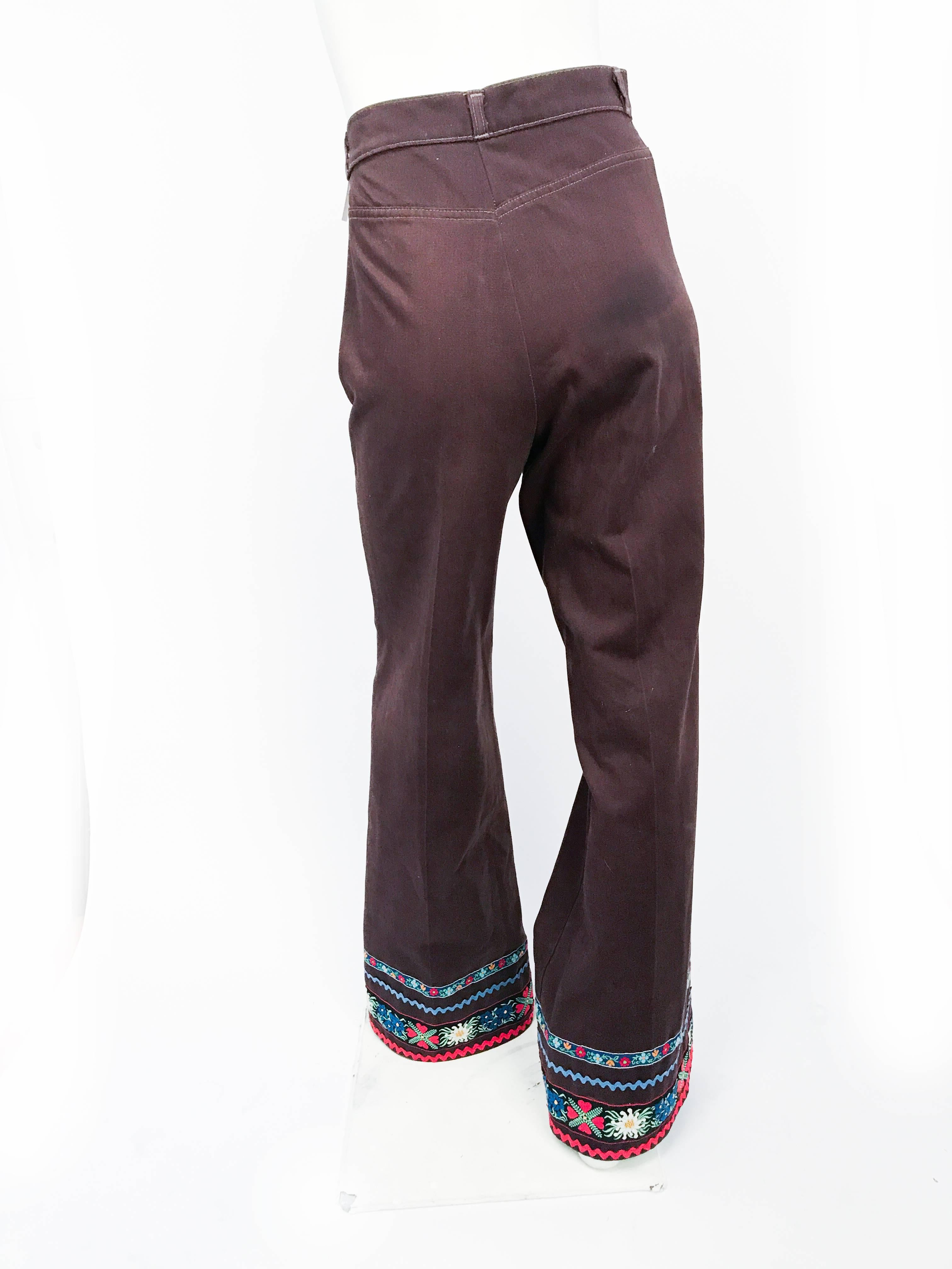 Women's or Men's 1970s Brown Levis Wide Legged Pants with Embroidered Hem