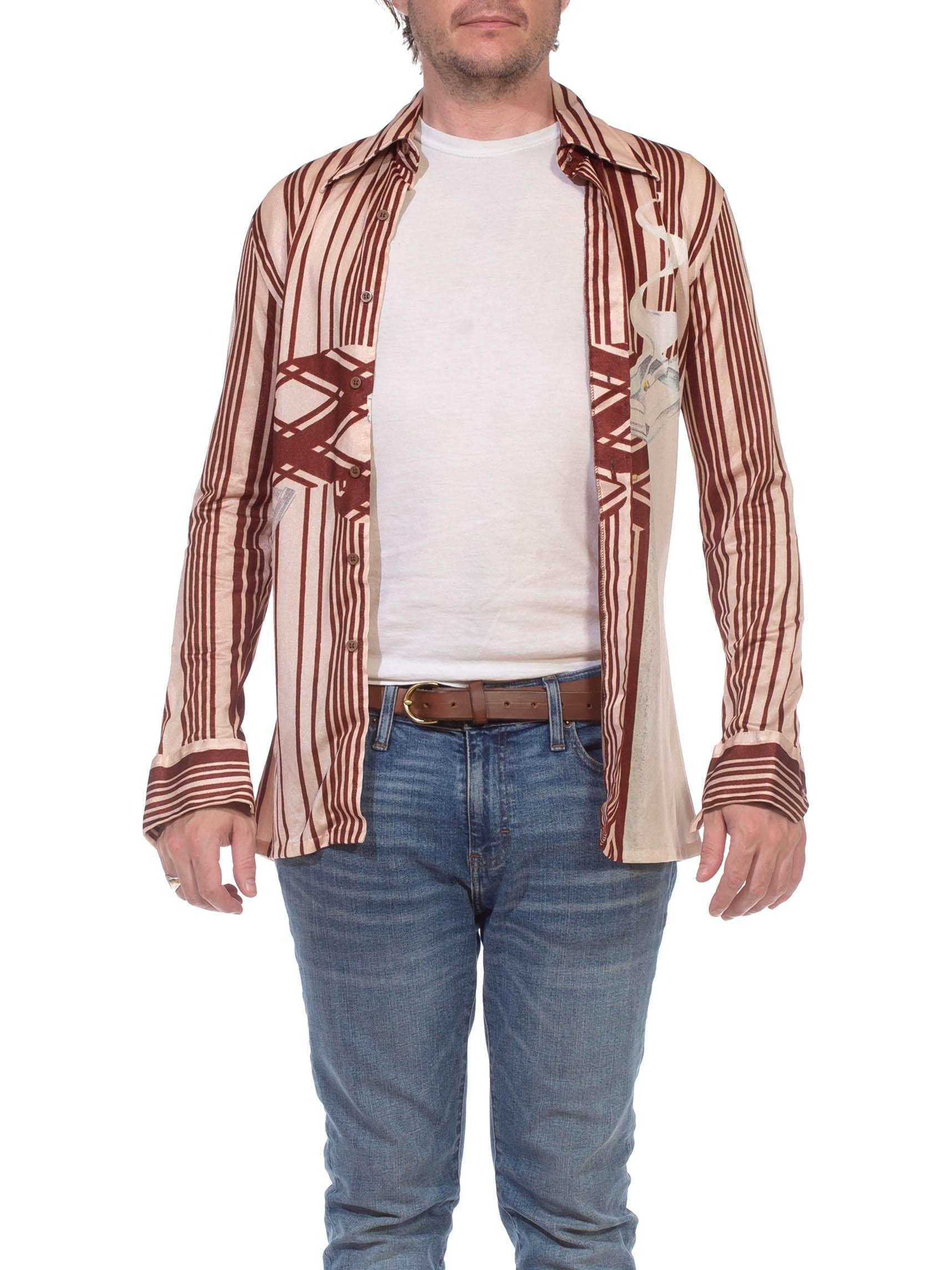 Has one small cig hole 1970S Brown Nylon Tricot Jersey Stripe Smoking Cigarette Men's Disco Shirt