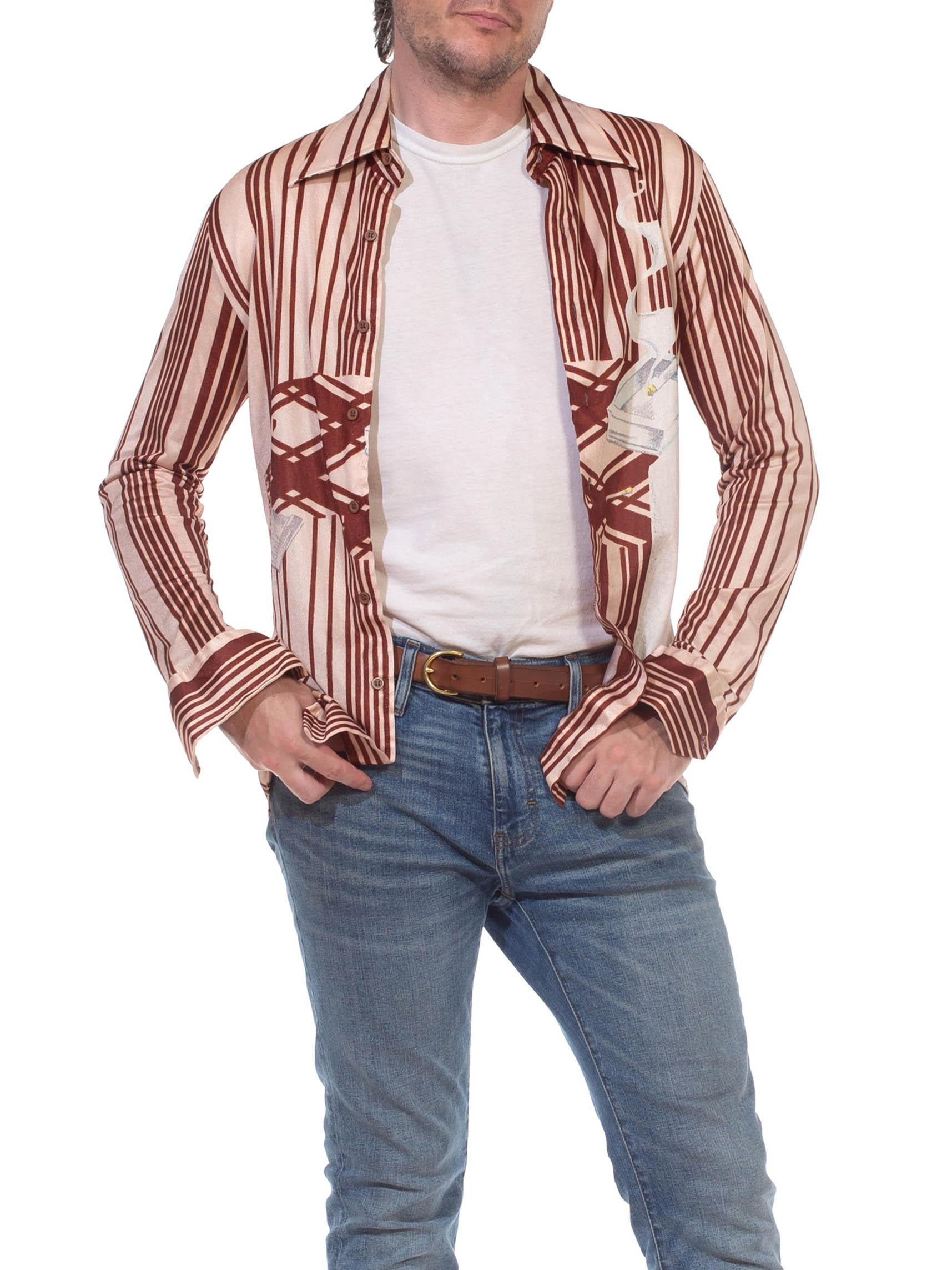 1970S Brown Nylon Tricot Jersey Stripe Smoking Cigarette Men's Disco Shirt 2