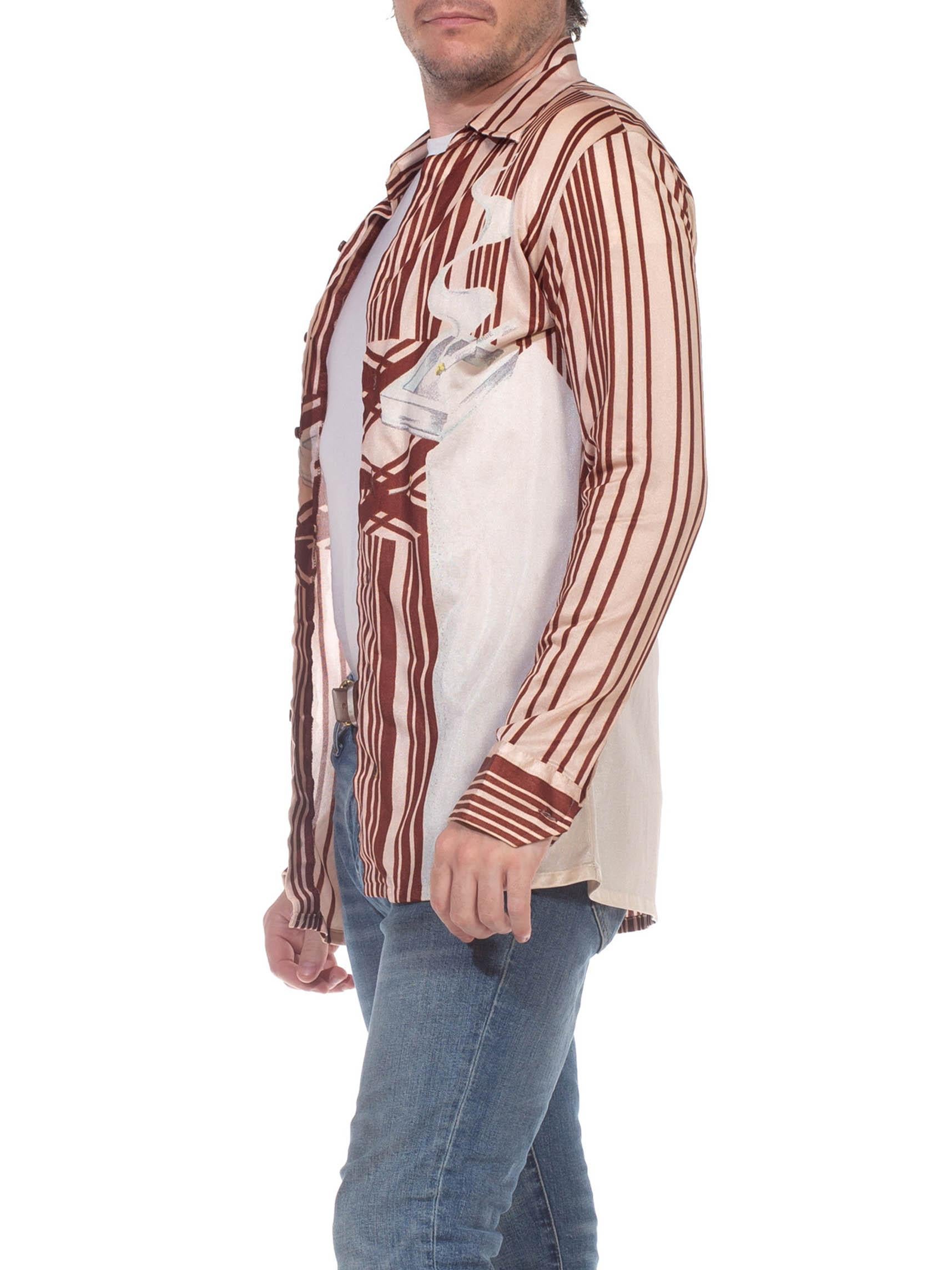 1970S Brown Nylon Tricot Jersey Stripe Smoking Cigarette Men's Disco Shirt 3