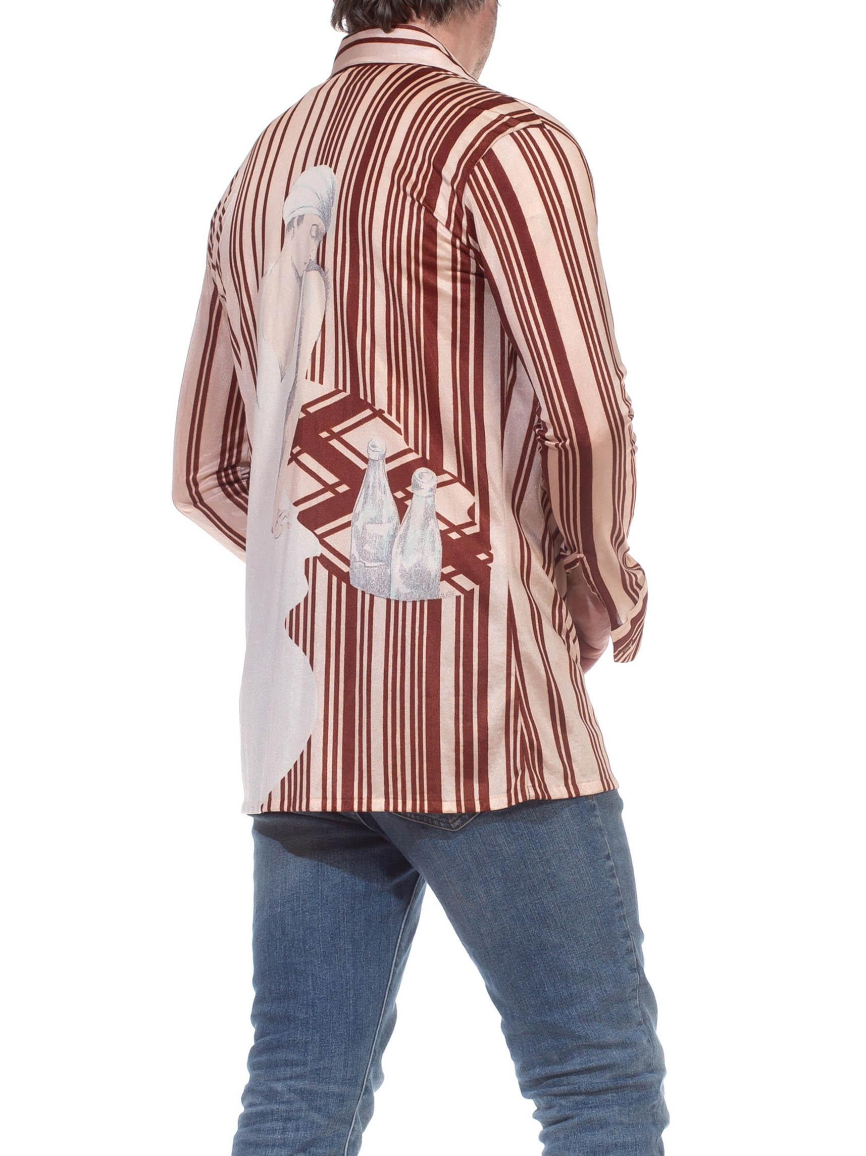 1970S Brown Nylon Tricot Jersey Stripe Smoking Cigarette Men's Disco Shirt 4