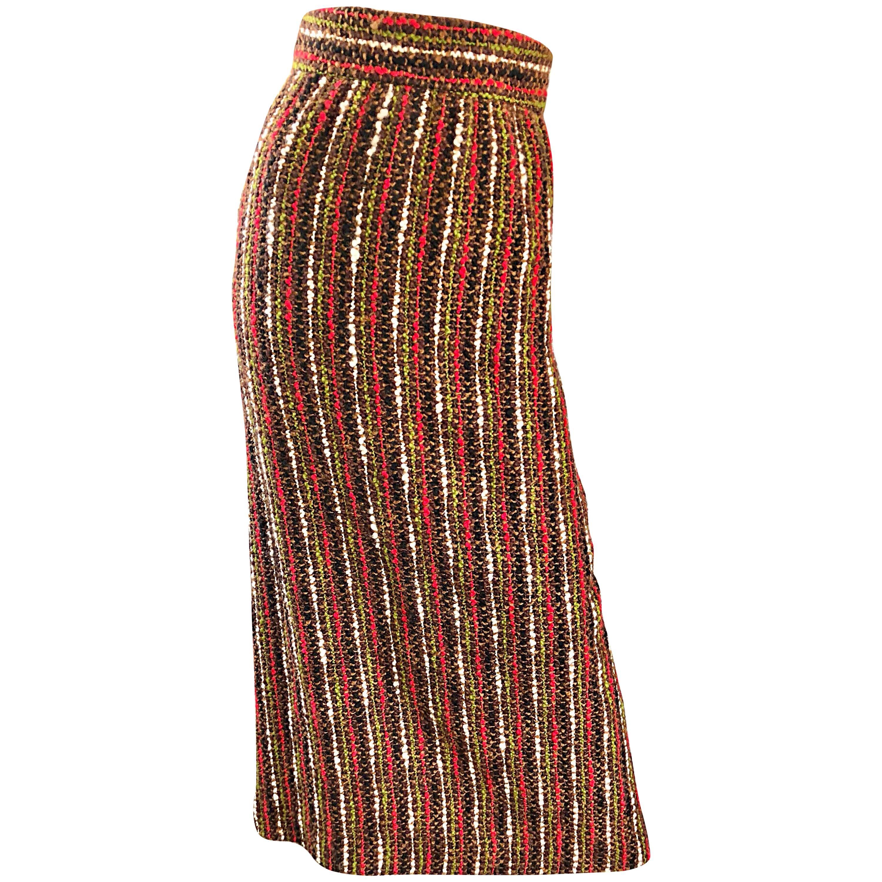 Jupe longue vintage en laine bouclée marron + vert olive + rouge à taille haute des années 1970