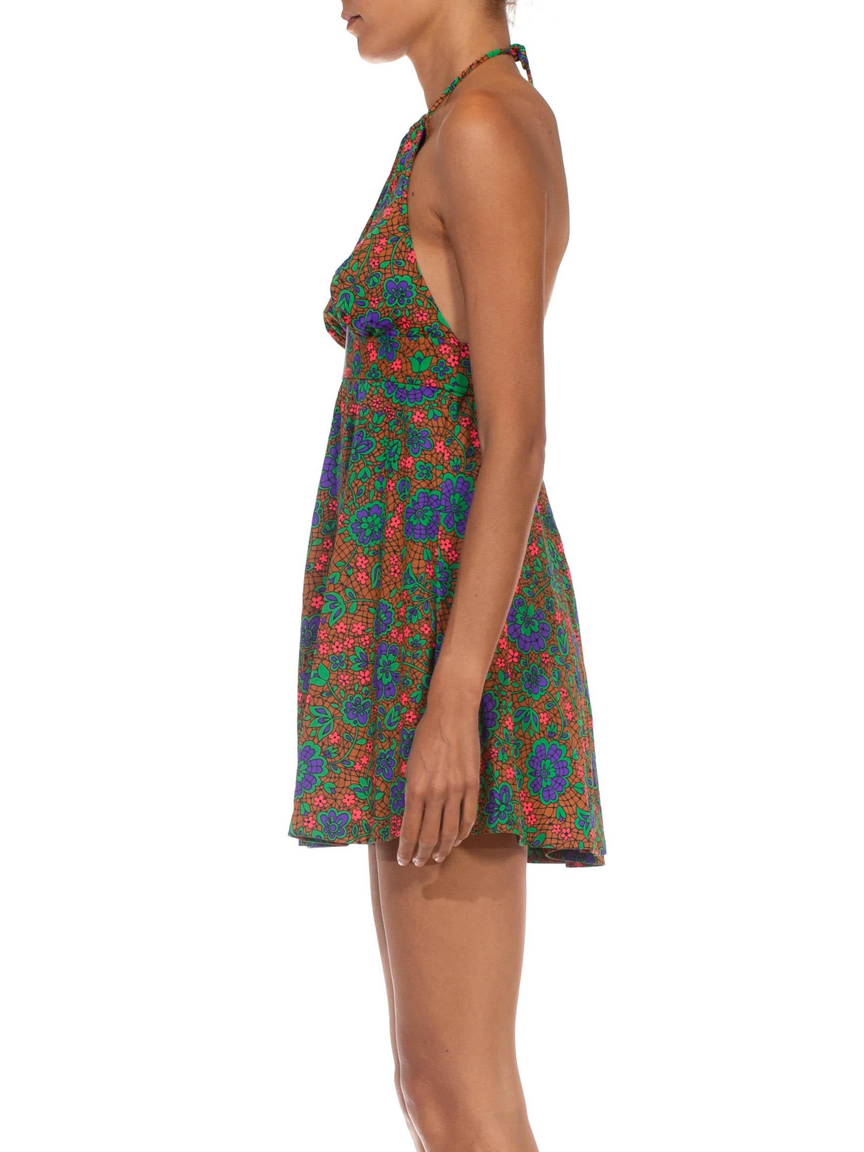 1970S Brown Purple & Green Nylon Jersey Psychedelic Floral Backless Strappy Halter Neck Mini Dress