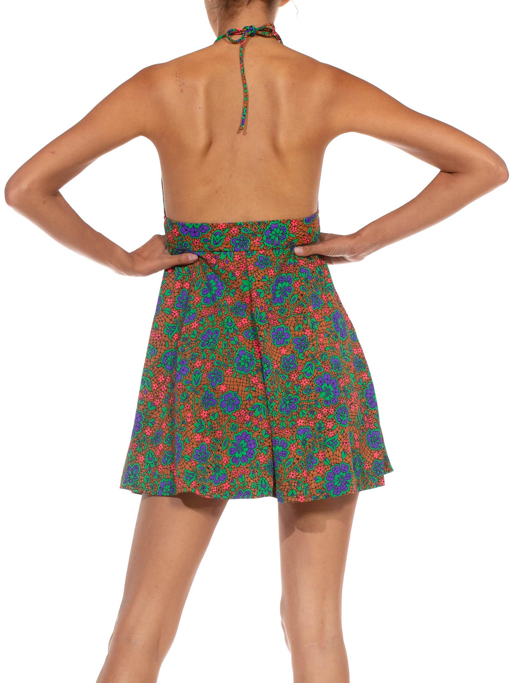 1970S Brown Purple & Green Nylon Jersey Psychedelic Floral Backless Strappy Hal For Sale 4