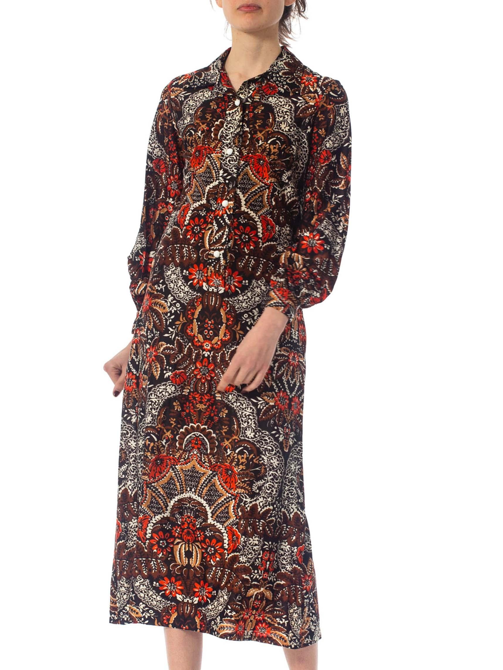 1970S Brown & Red Polyester Jersey Batik Paisley Print Shirt Dress 1