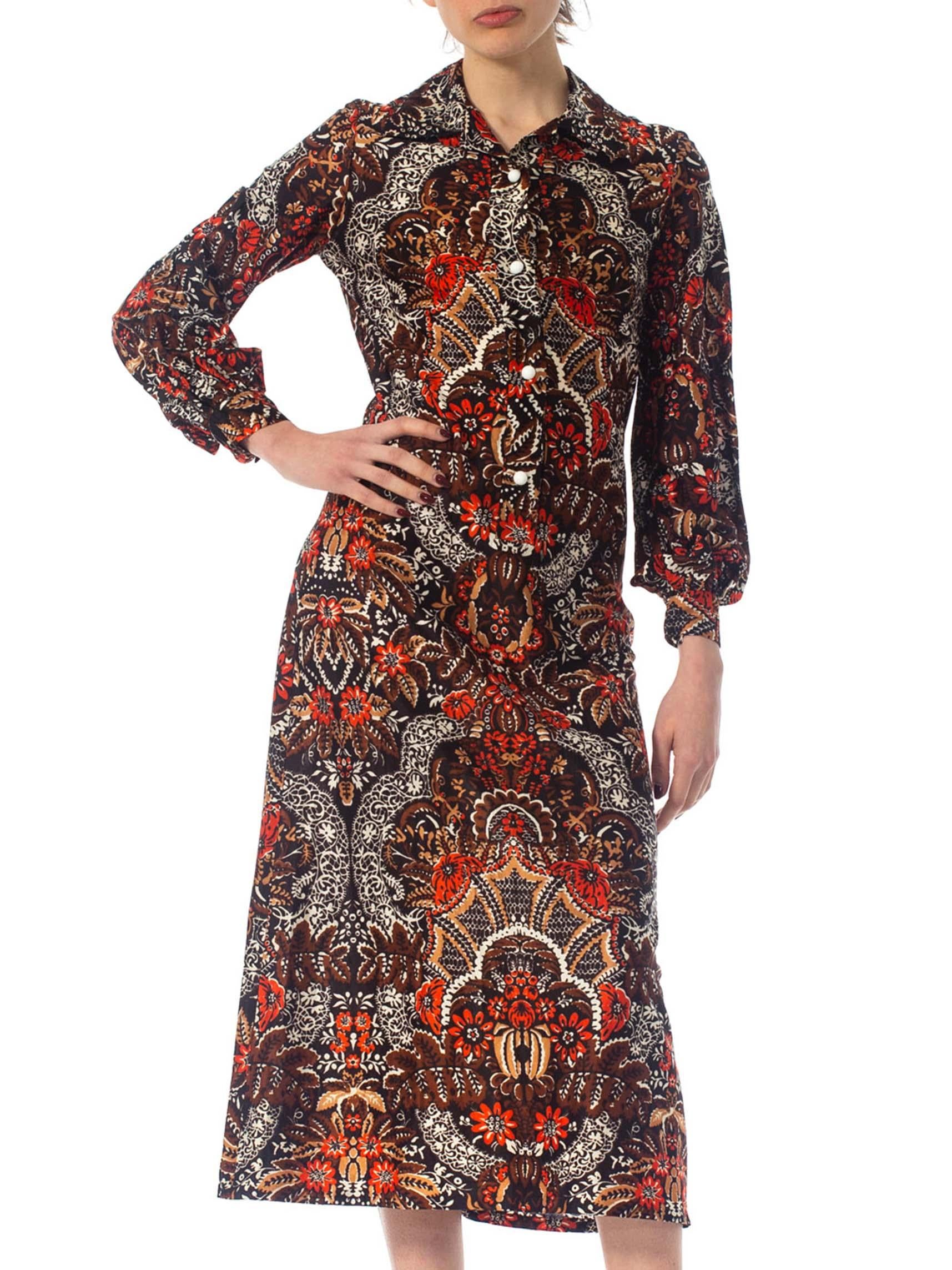1970S Brown & Red Polyester Jersey Batik Paisley Print Shirt Dress 2