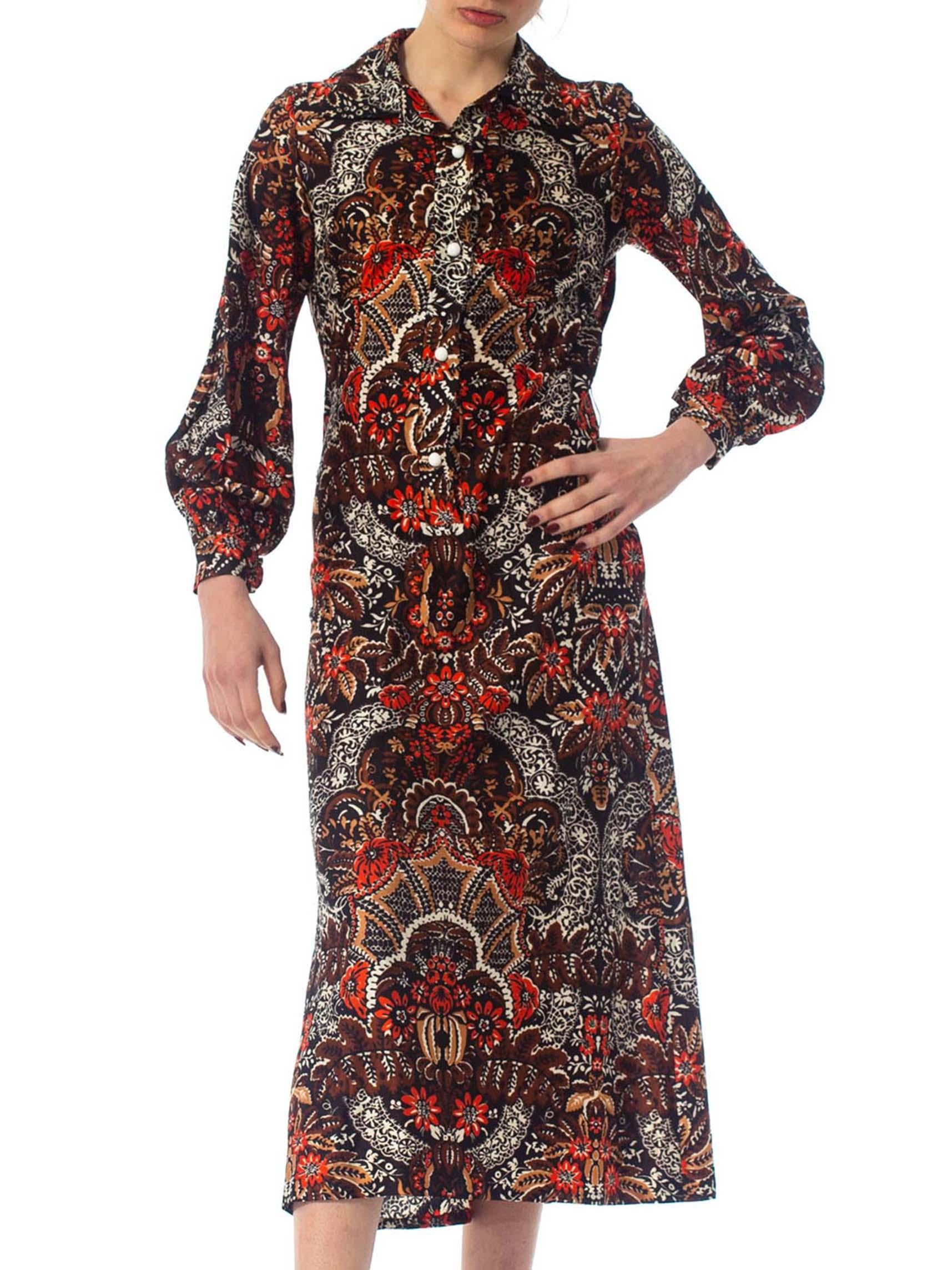 1970S Brown & Red Polyester Jersey Batik Paisley Print Shirt Dress 3