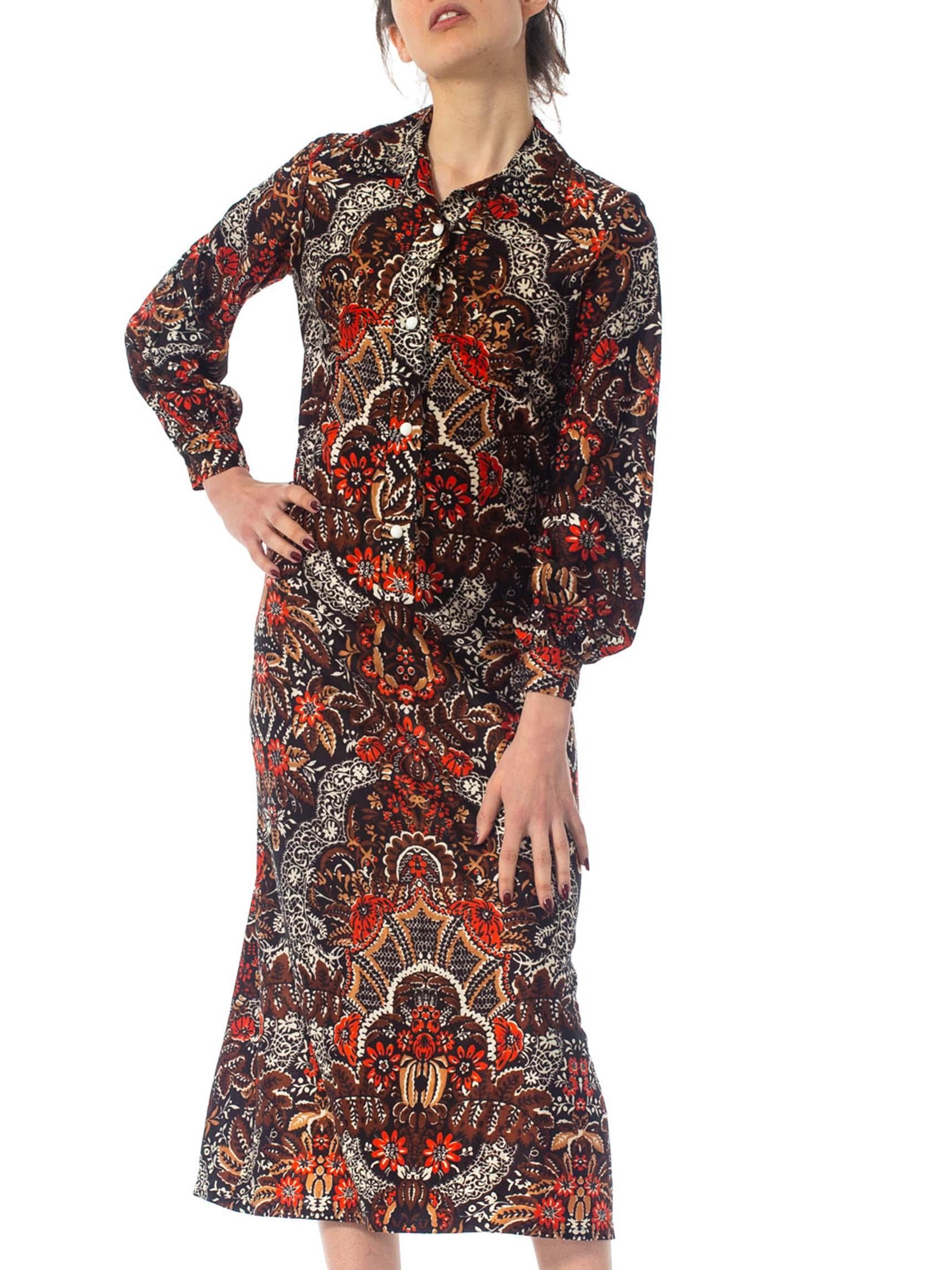 1970S Brown & Red Polyester Jersey Batik Paisley Print Shirt Dress 4