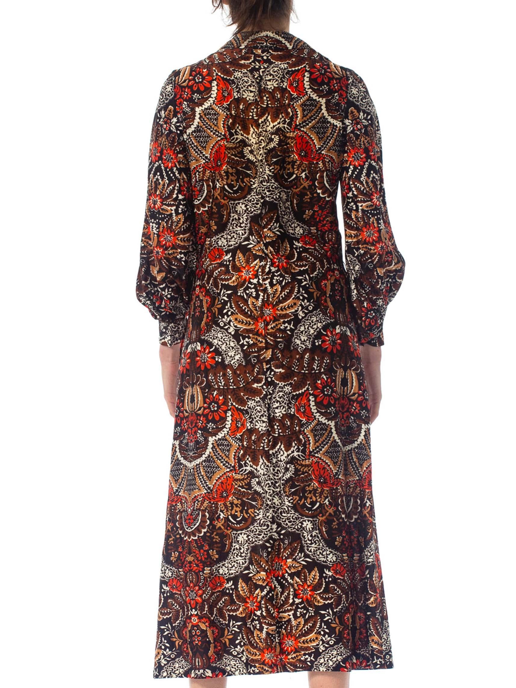 1970S Brown & Red Polyester Jersey Batik Paisley Print Shirt Dress 5