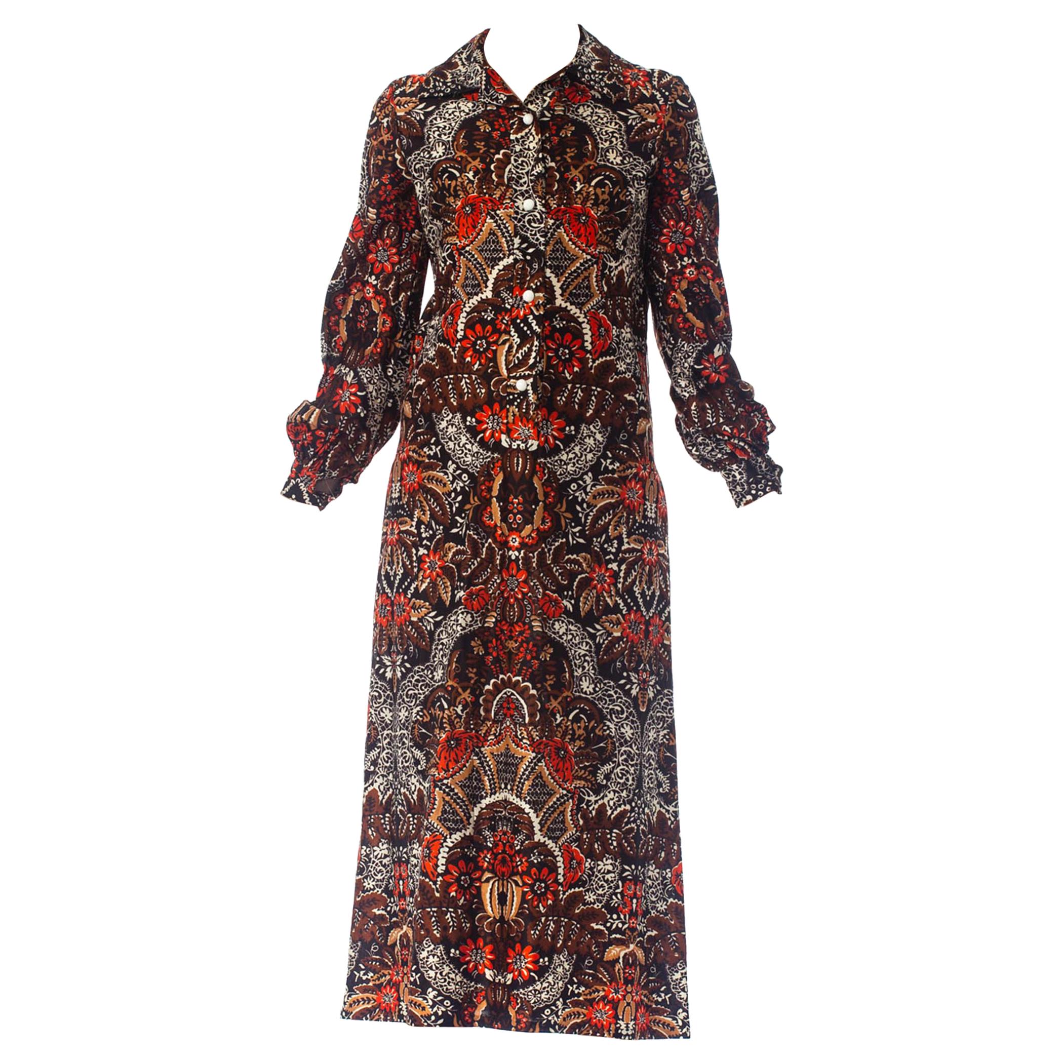 1970S Brown & Red Polyester Jersey Batik Paisley Print Shirt Dress
