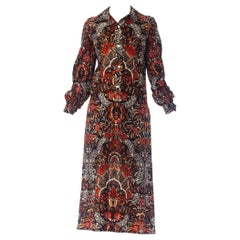 Vintage 1970S Brown & Red Polyester Jersey Batik Paisley Print Shirt Dress