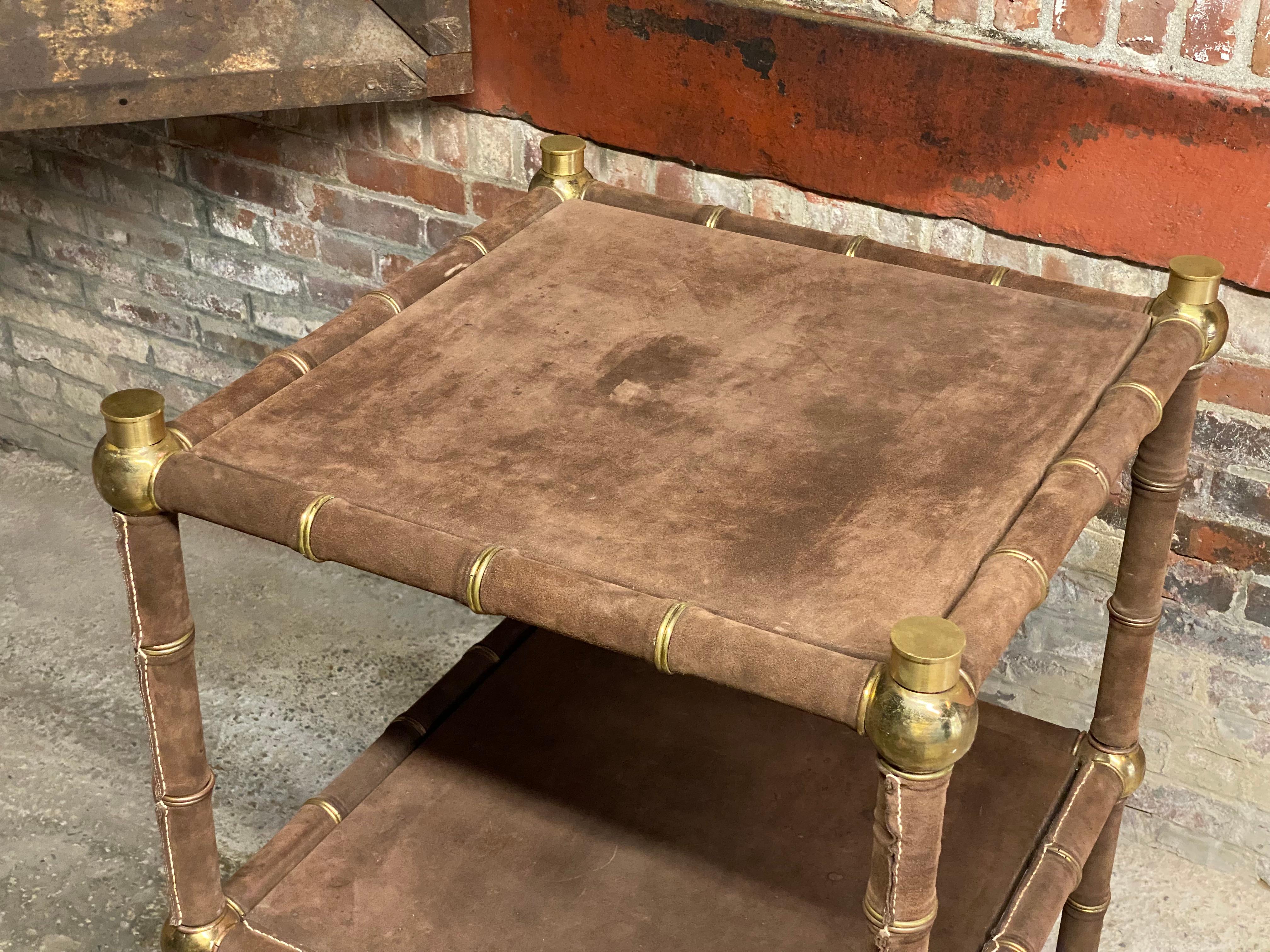 1970s Brown Suede and Brass Shelving Unit For Sale 13