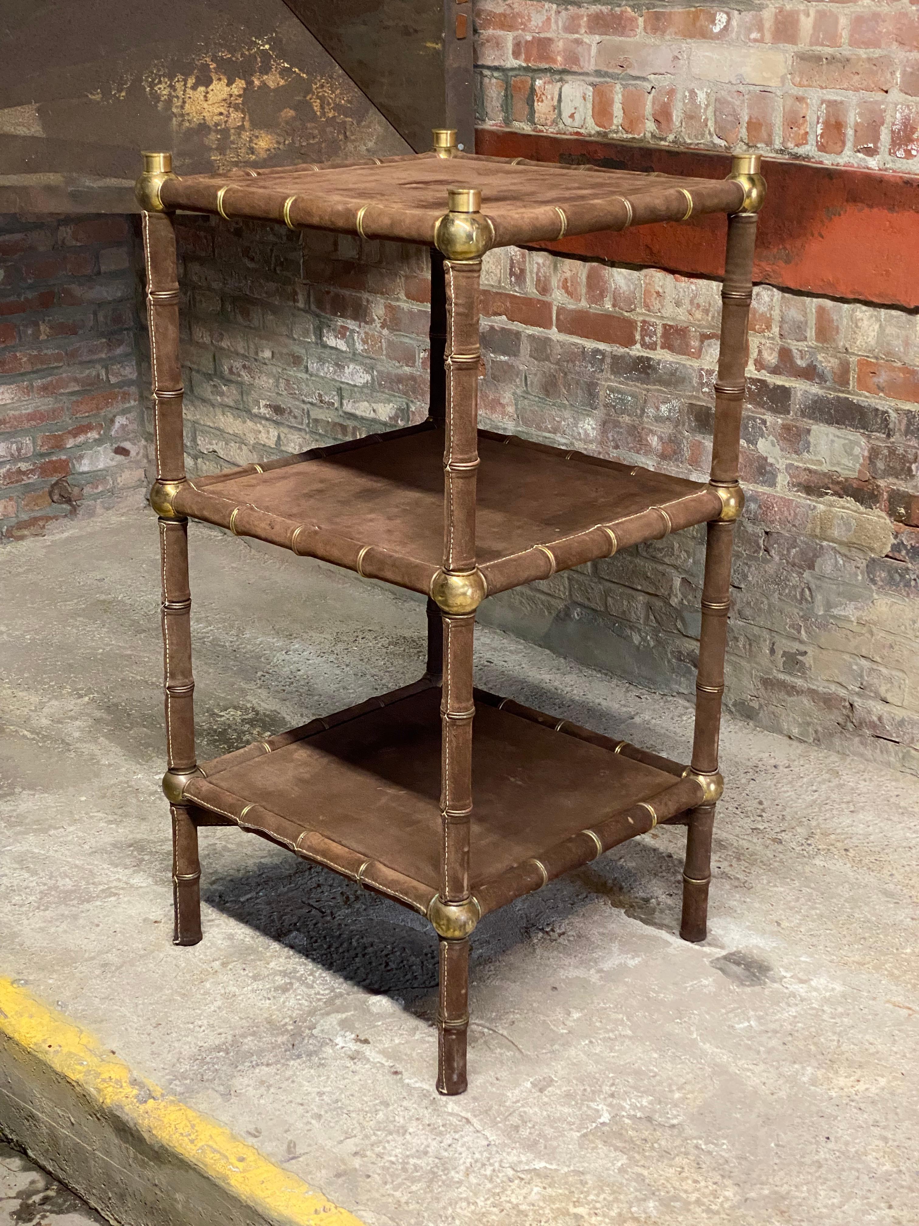 1970s Brown Suede and Brass Shelving Unit For Sale 14