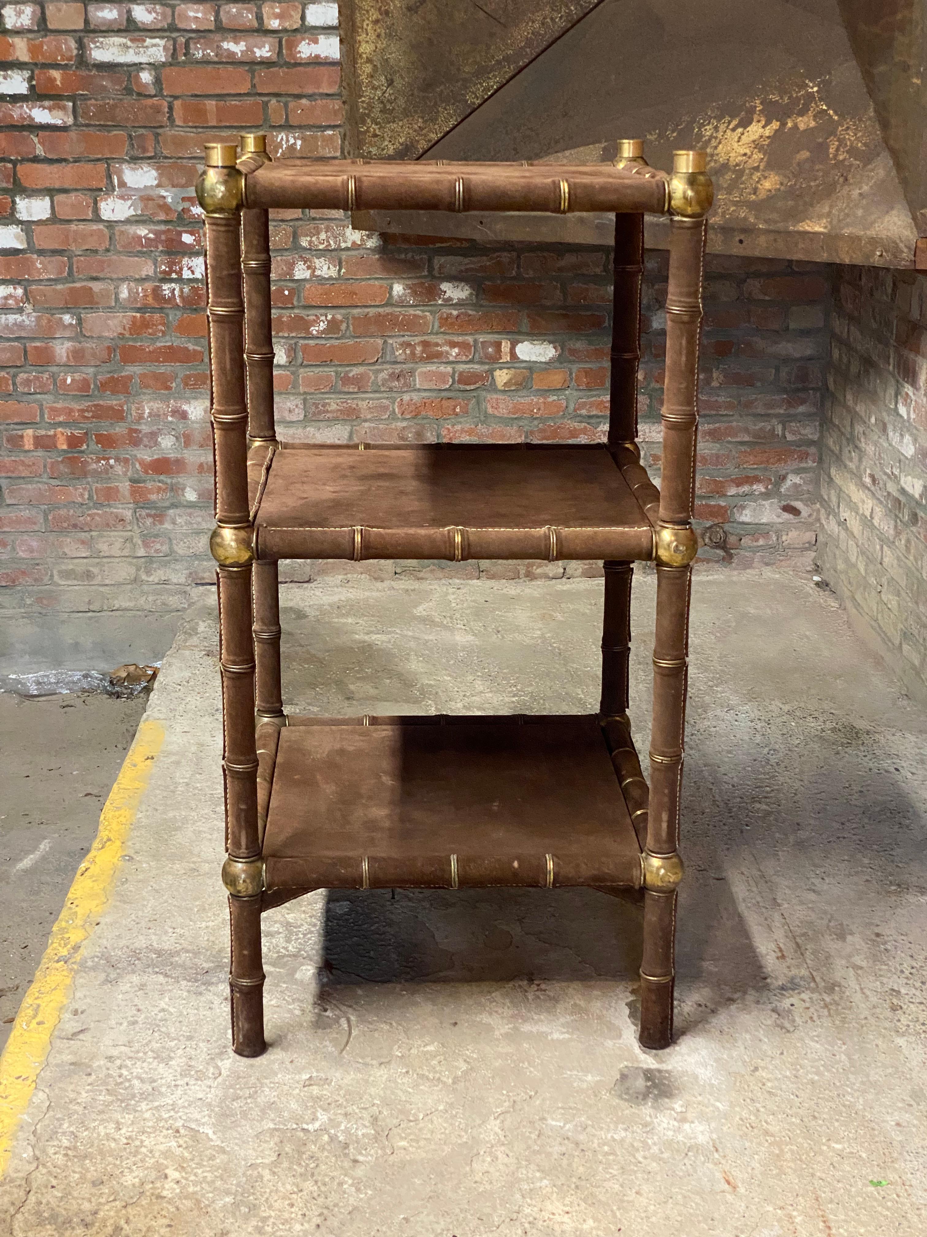 Unknown 1970s Brown Suede and Brass Shelving Unit For Sale