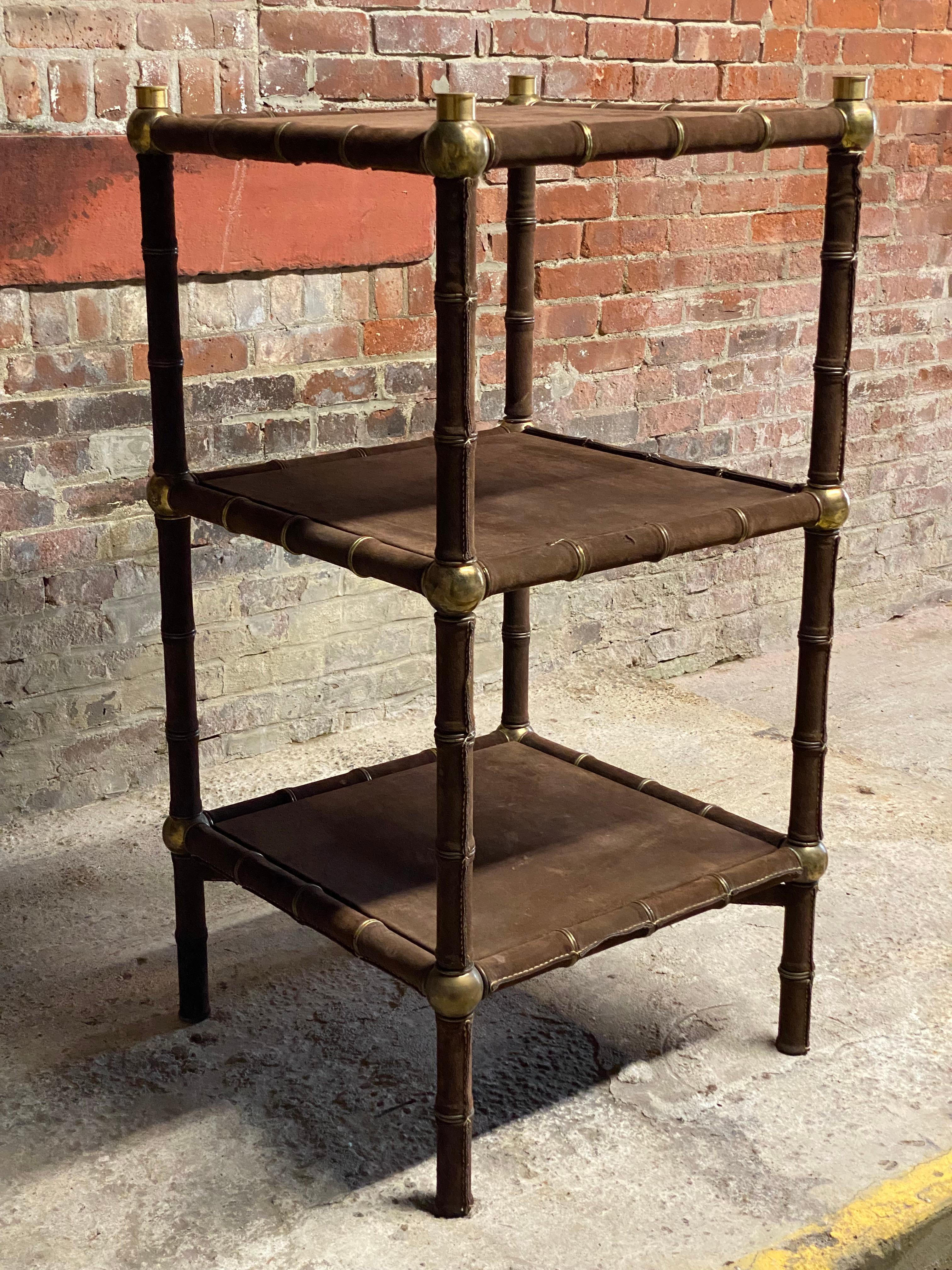 1970s Brown Suede and Brass Shelving Unit In Good Condition For Sale In Garnerville, NY