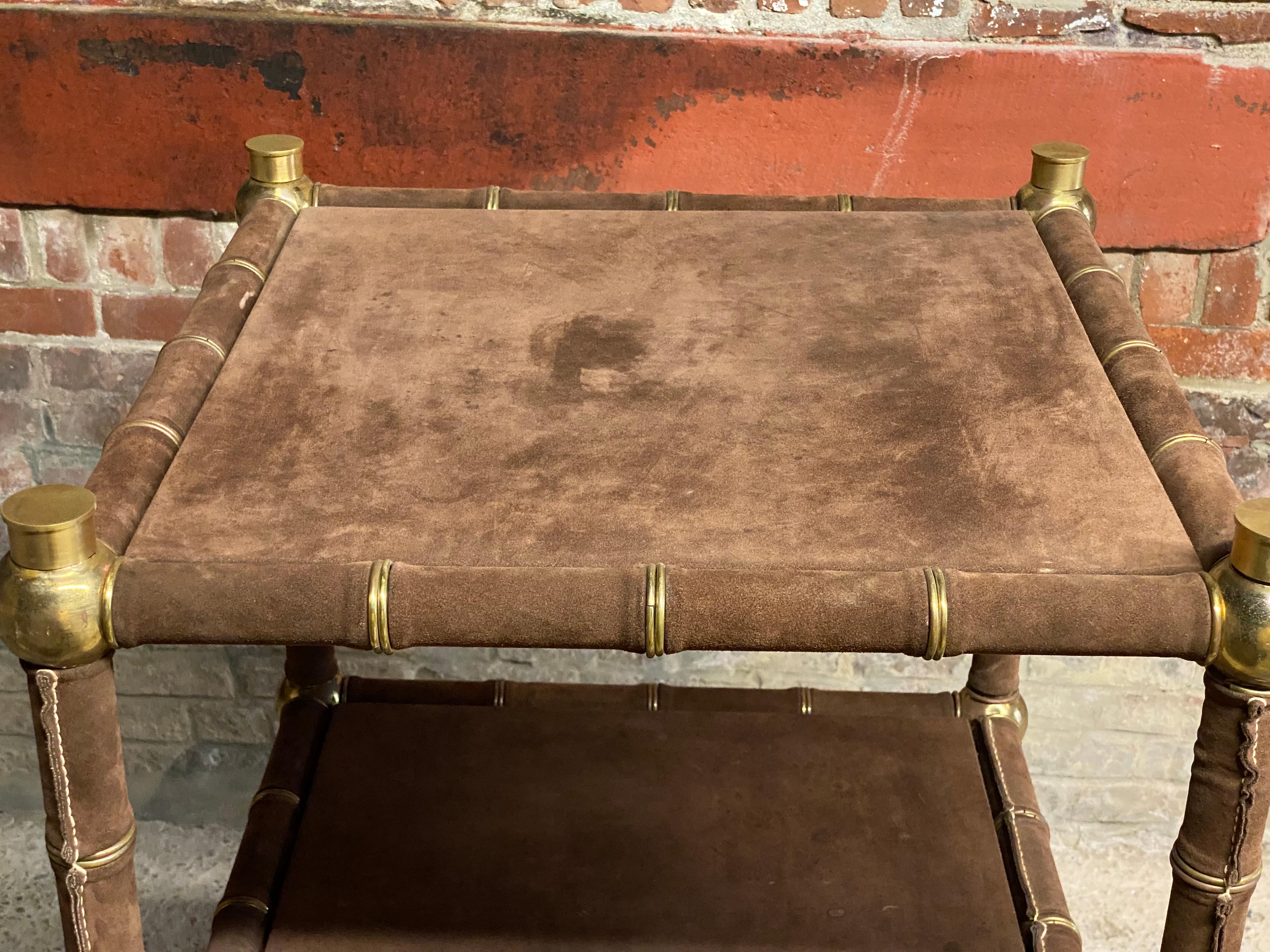 1970s Brown Suede and Brass Shelving Unit For Sale 1