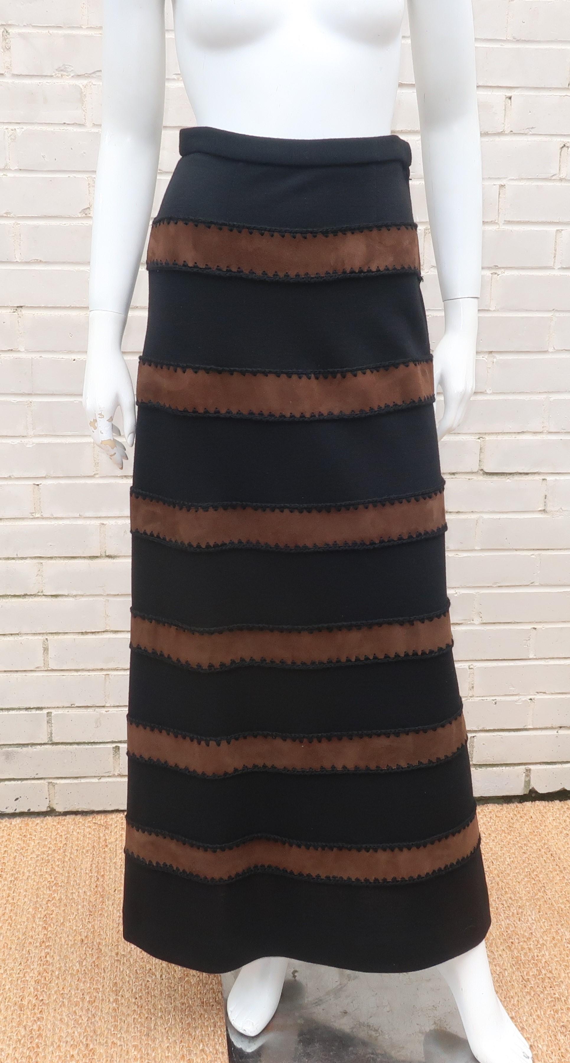 1970's Brown Suede Black Maxi Two Piece Sweater Dress 6