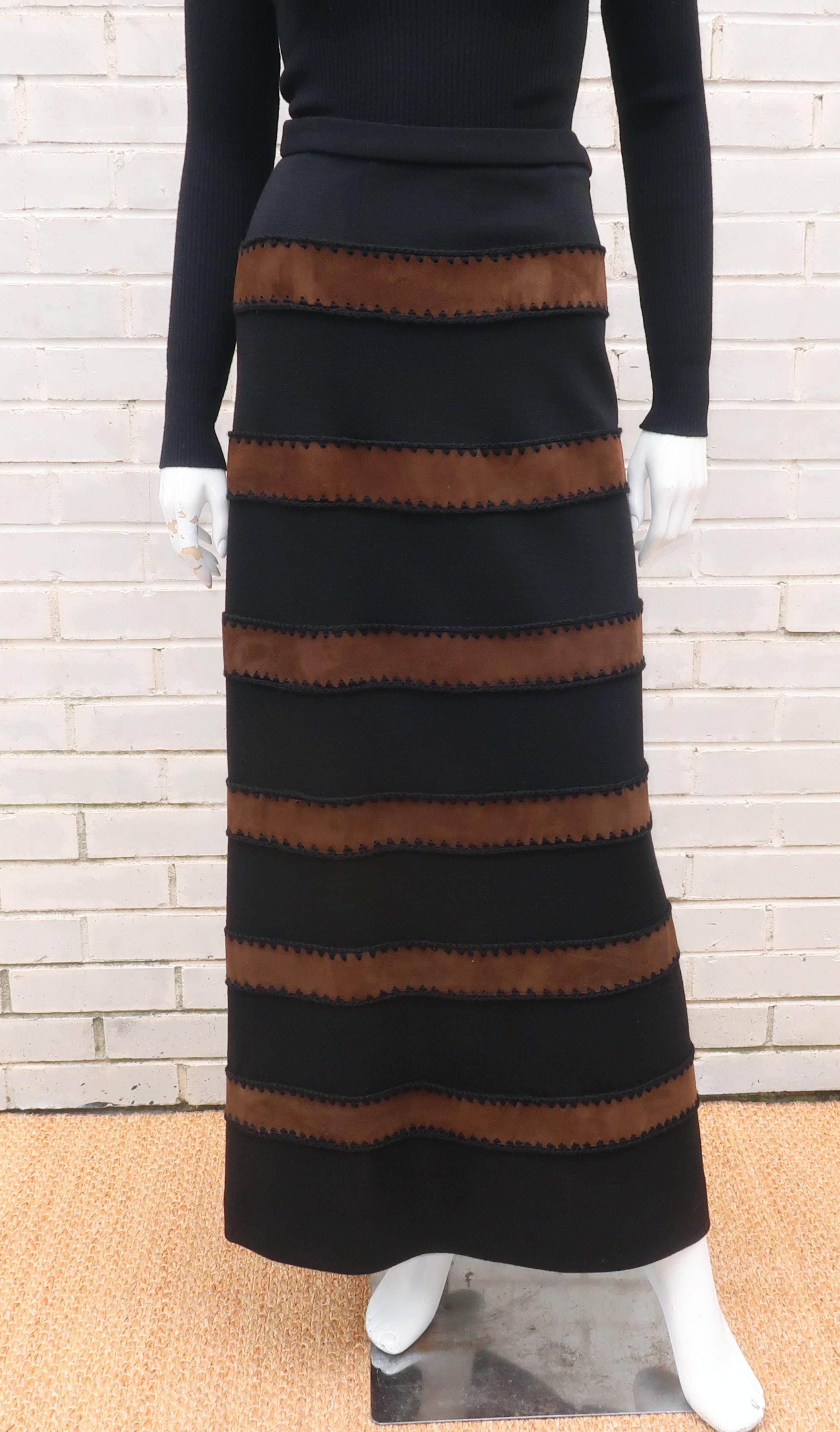 1970's Brown Suede Black Maxi Two Piece Sweater Dress In Good Condition In Atlanta, GA