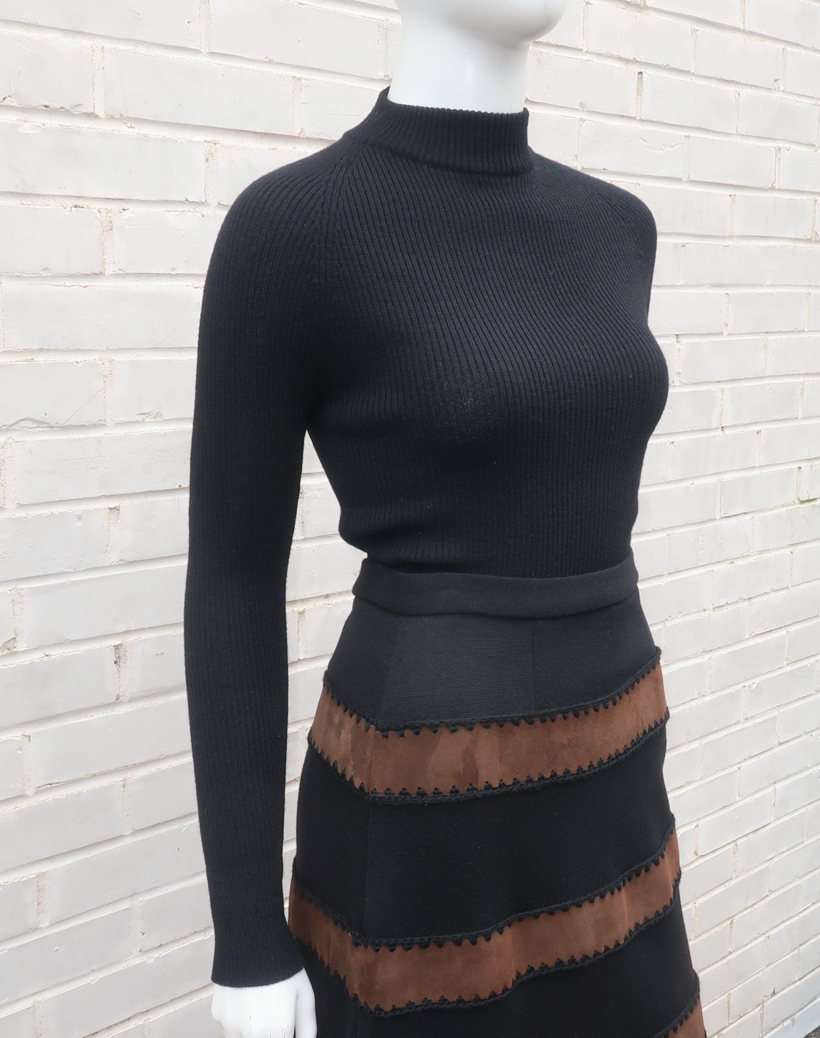Women's 1970's Brown Suede Black Maxi Two Piece Sweater Dress