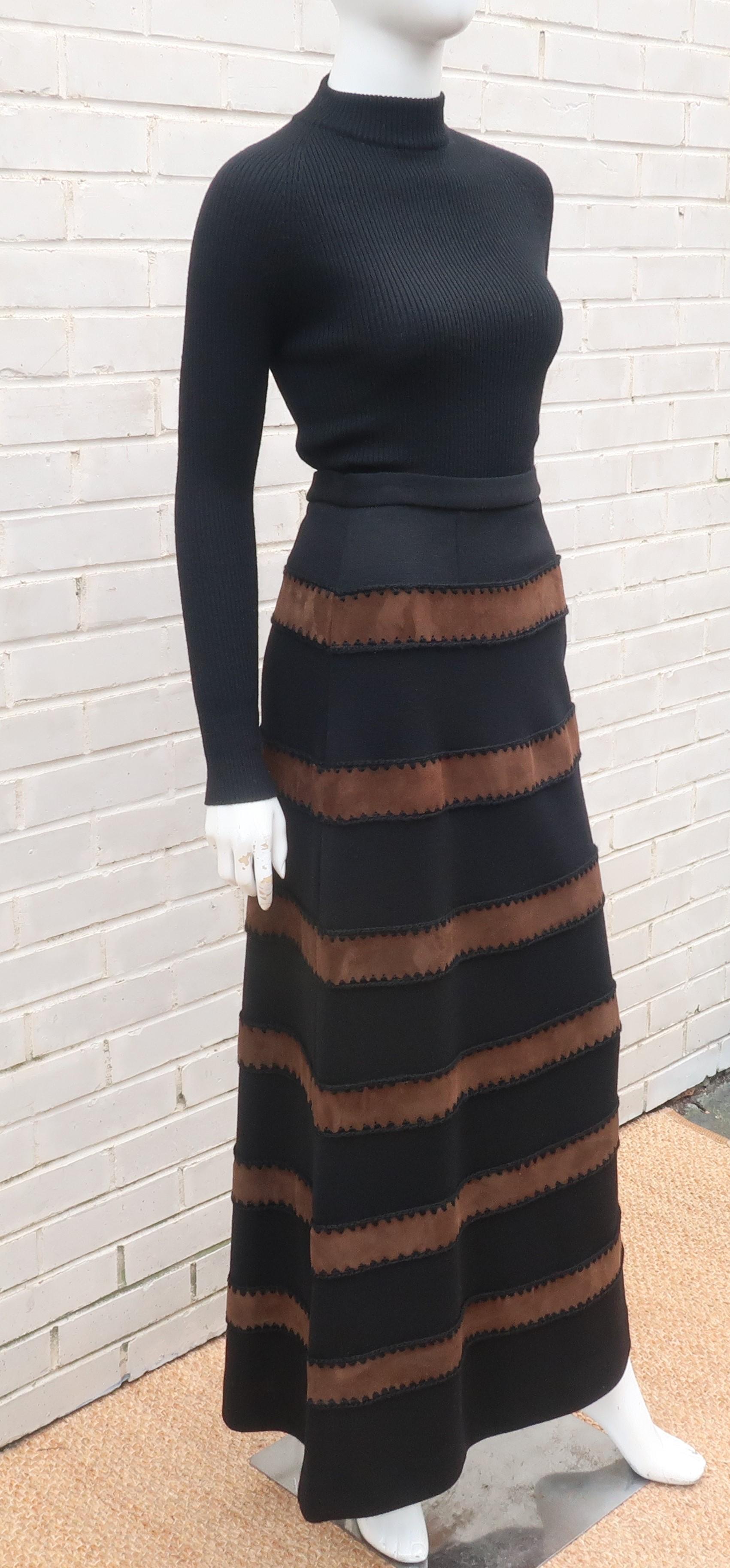 1970's Brown Suede Black Maxi Two Piece Sweater Dress 1