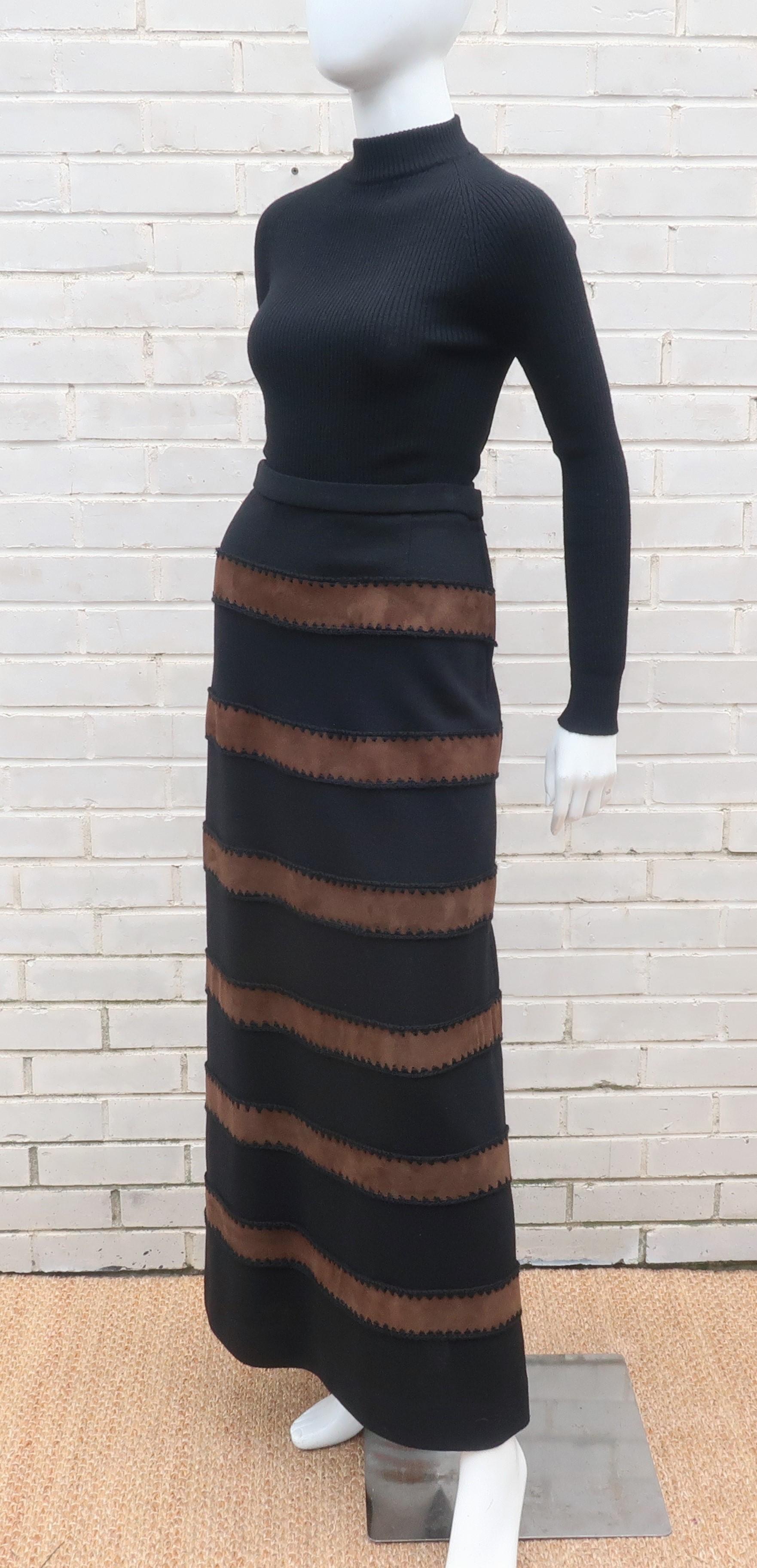 1970's Brown Suede Black Maxi Two Piece Sweater Dress 2