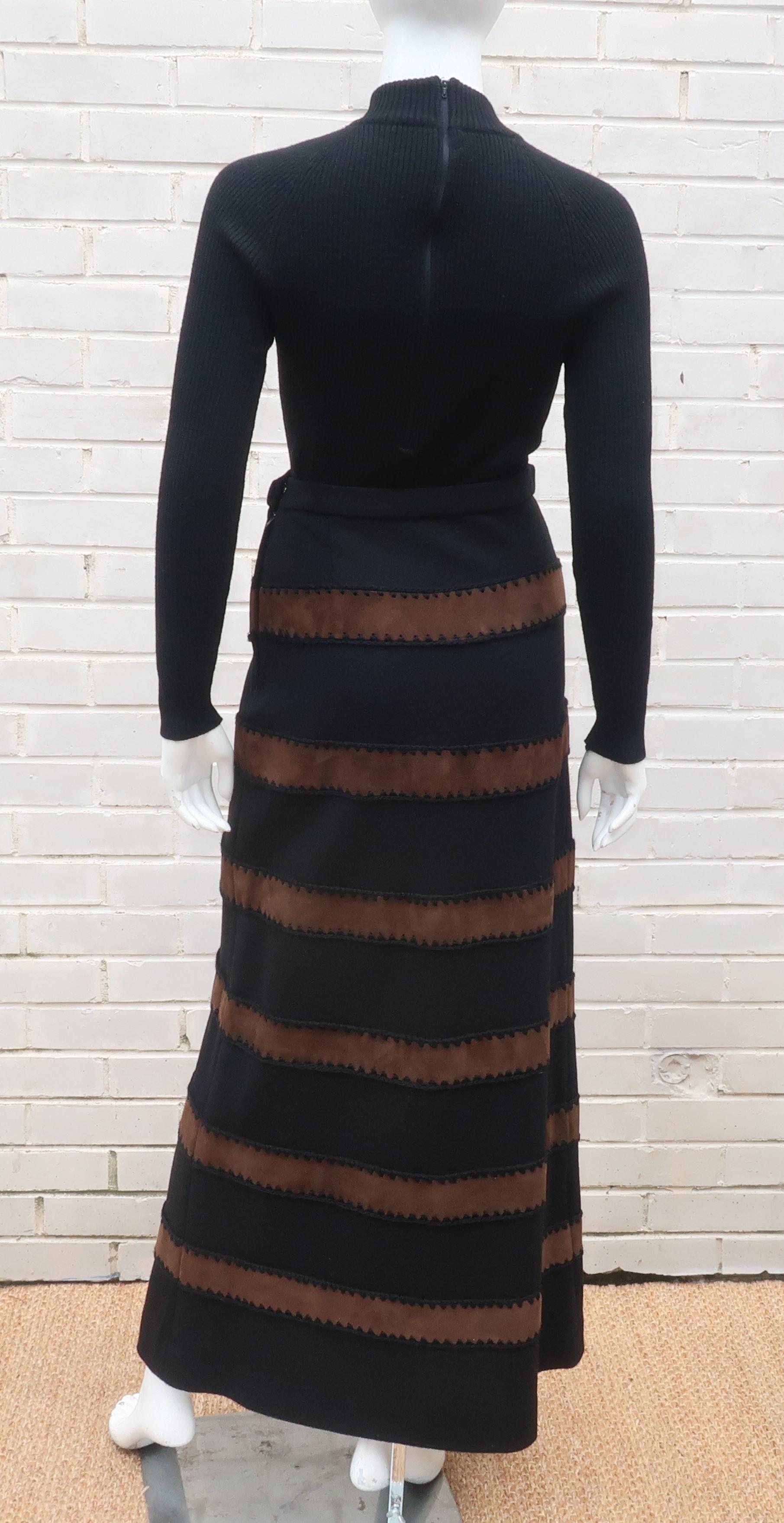 1970's Brown Suede Black Maxi Two Piece Sweater Dress 4